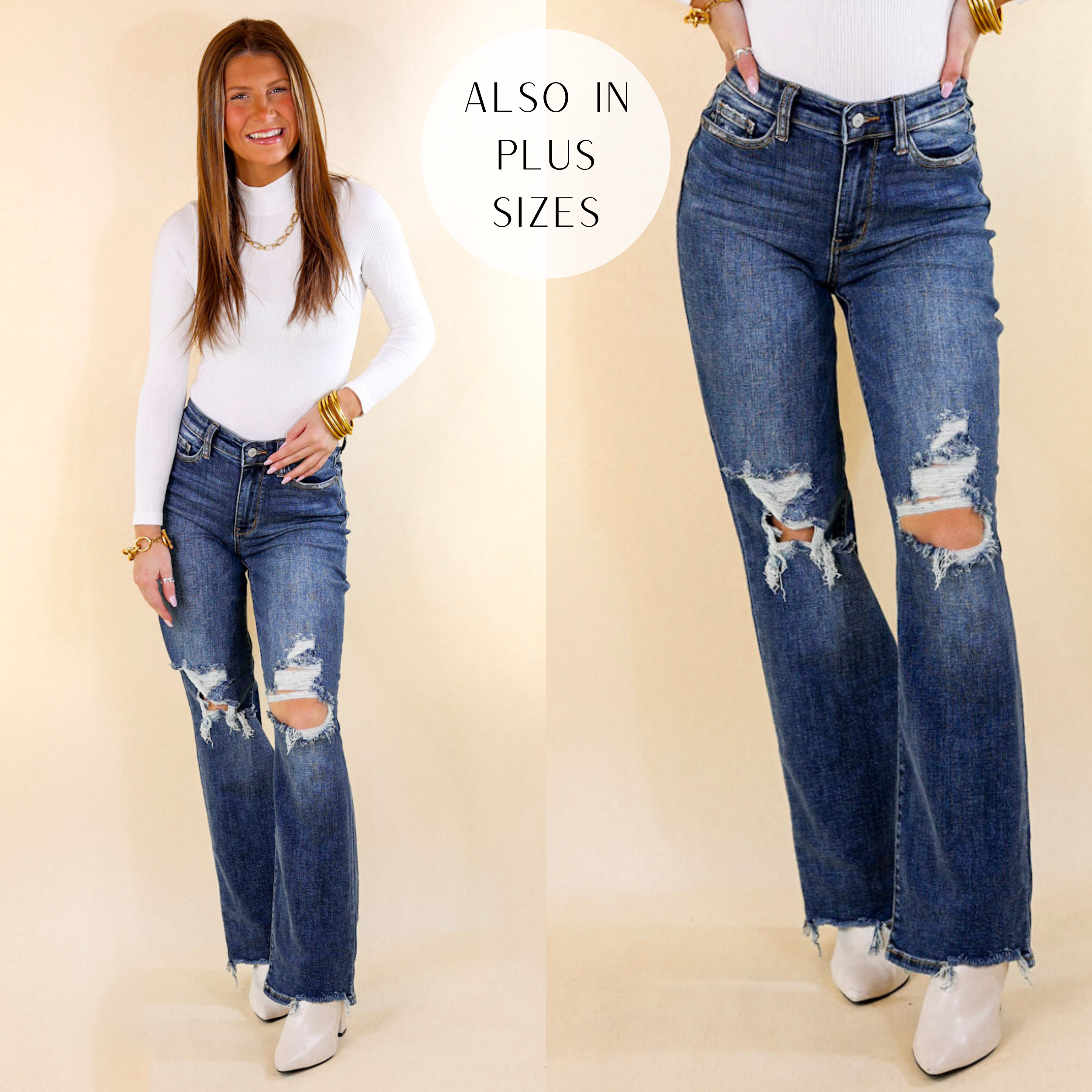 Model is wearing a pair of dark wash straight leg jeans with distressing on the knees. Model has it paired with a white long sleeve top, white booties, and gold jewelry.