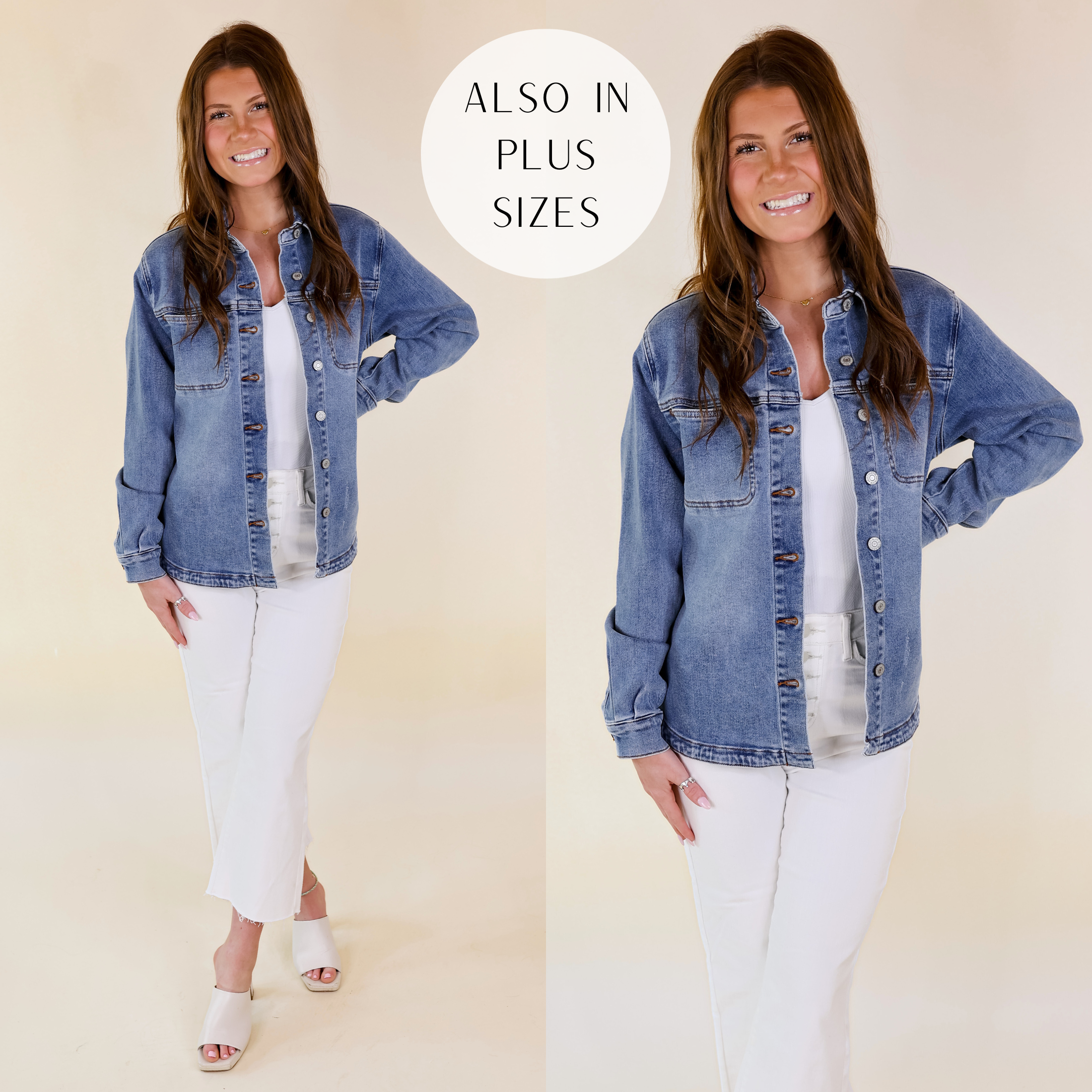 Model is wearing a medium wash denim jacket with a button up front, collared neckline, and long sleeves. Model has it paired with a white bodysuit, white jeans, white heels, and gold jewelry.