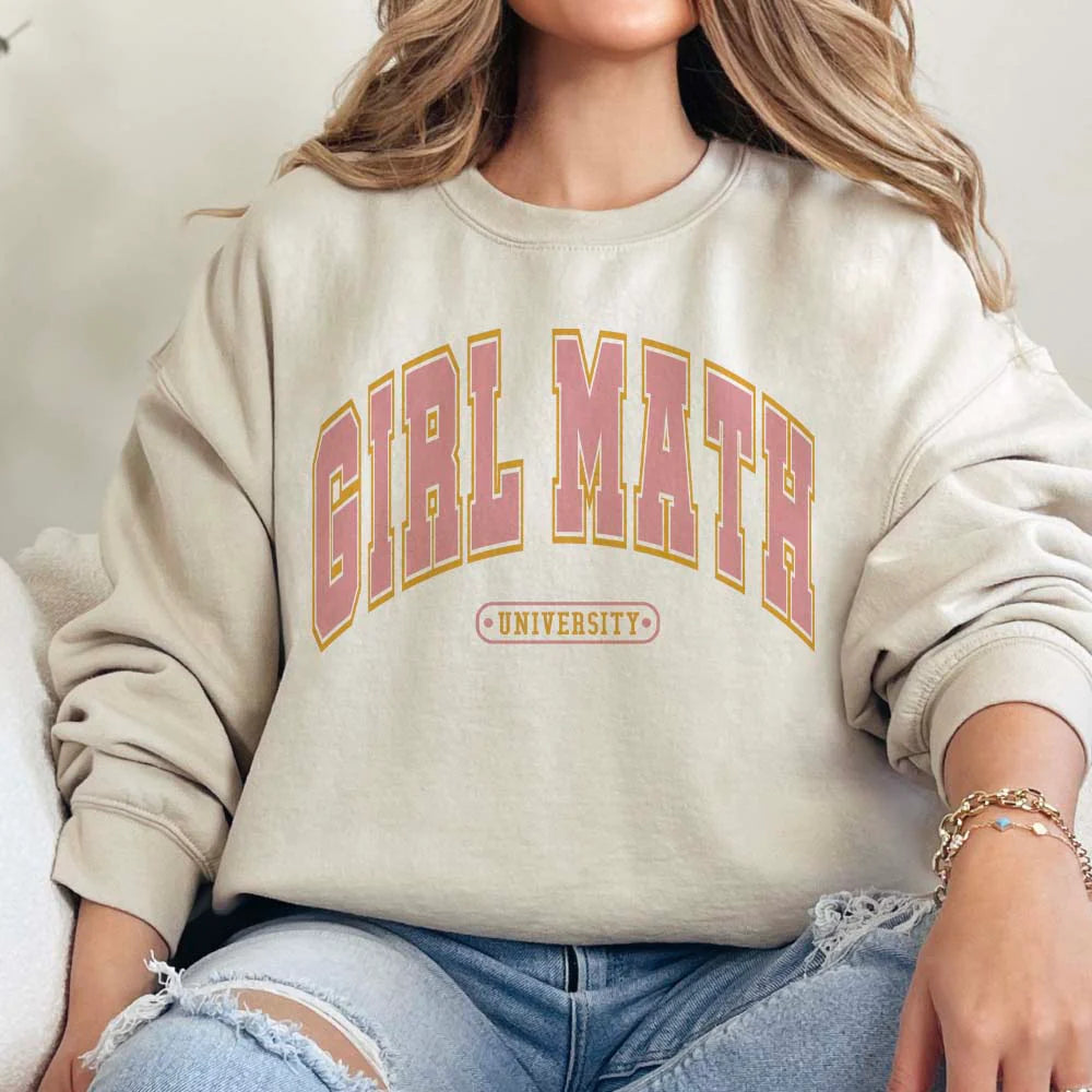 Online Exclusive | Girl Math University Long Sleeve Graphic Sweatshirt in Cream - Giddy Up Glamour Boutique