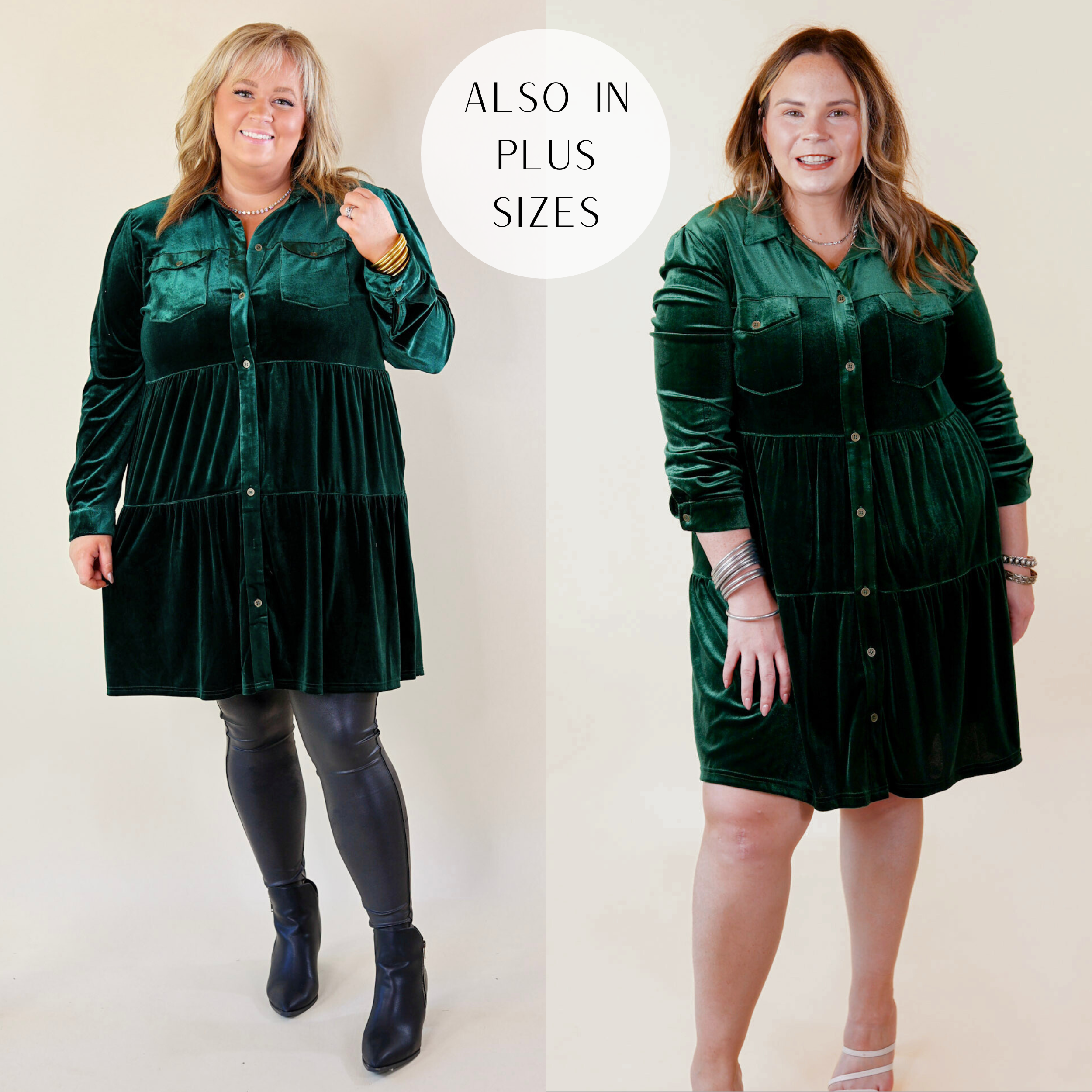 Models are wearing a emerald green velvet button up dress. Size plus model has it paired with black leather pants, black booties, and gold BuDhaGirl bracelets. Size large model has it paired with white heels and silver BuDhaGirl bracelets. 