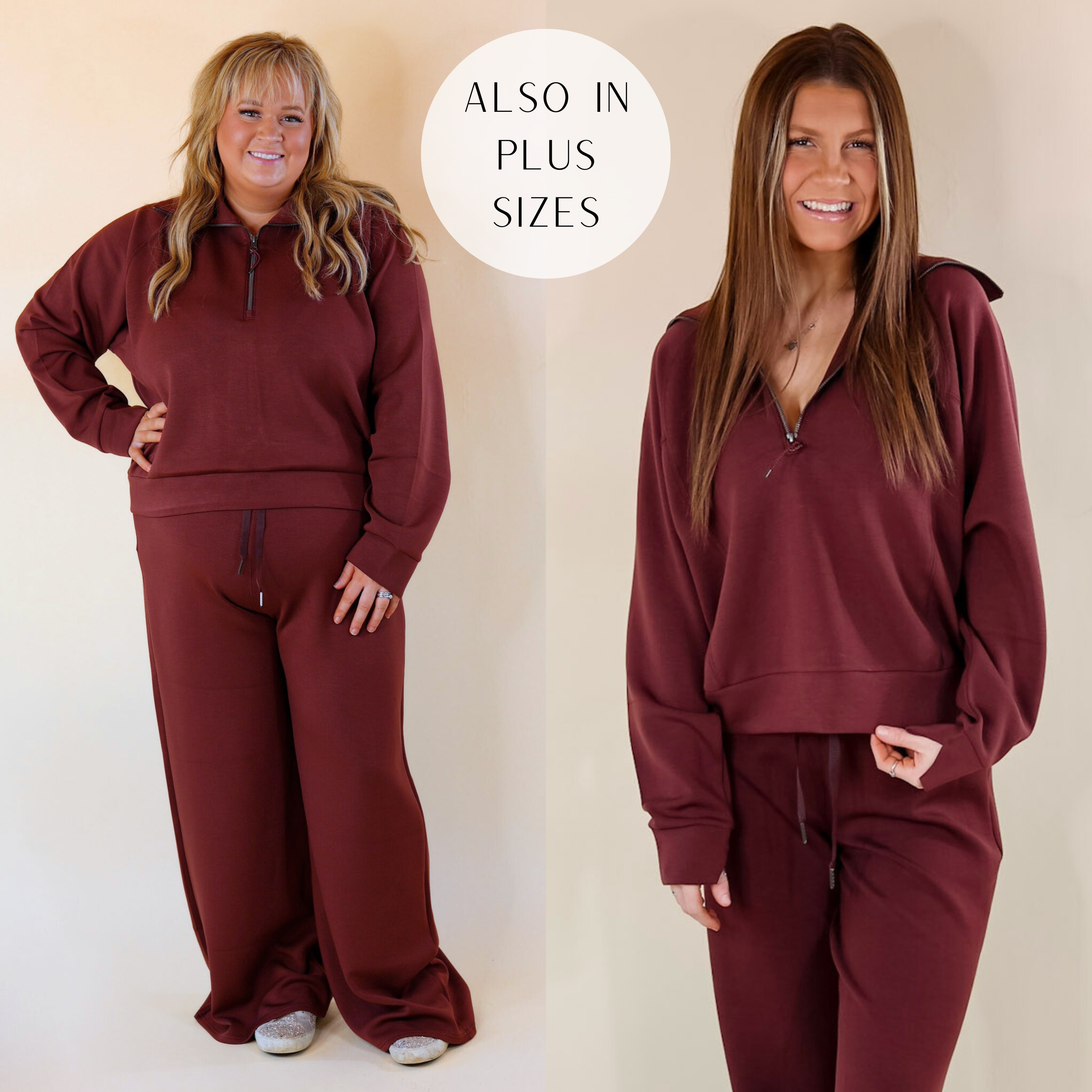 Models are wearing a maroon half zip sweatshirt. Size plus and small both have it paired with the matching pants, Vintage Havanas, and silver jewelry. 