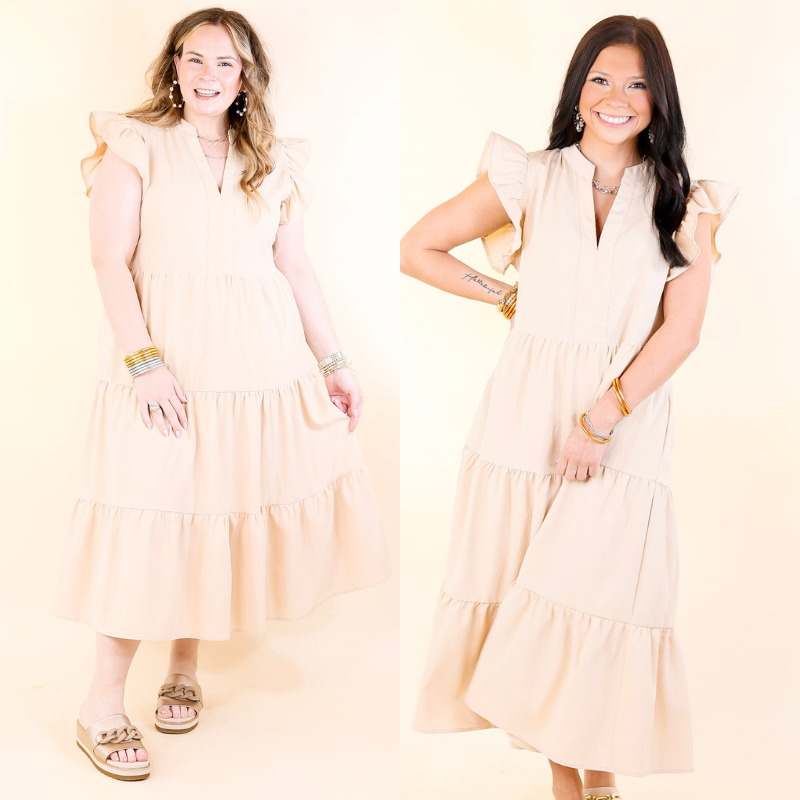 Cream Ruffle Cap Sleeve Tiered Midi Dress S