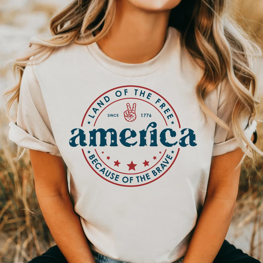 Online Exclusive | Land of the Free Short Sleeve Graphic Tee in Cream - Giddy Up Glamour Boutique