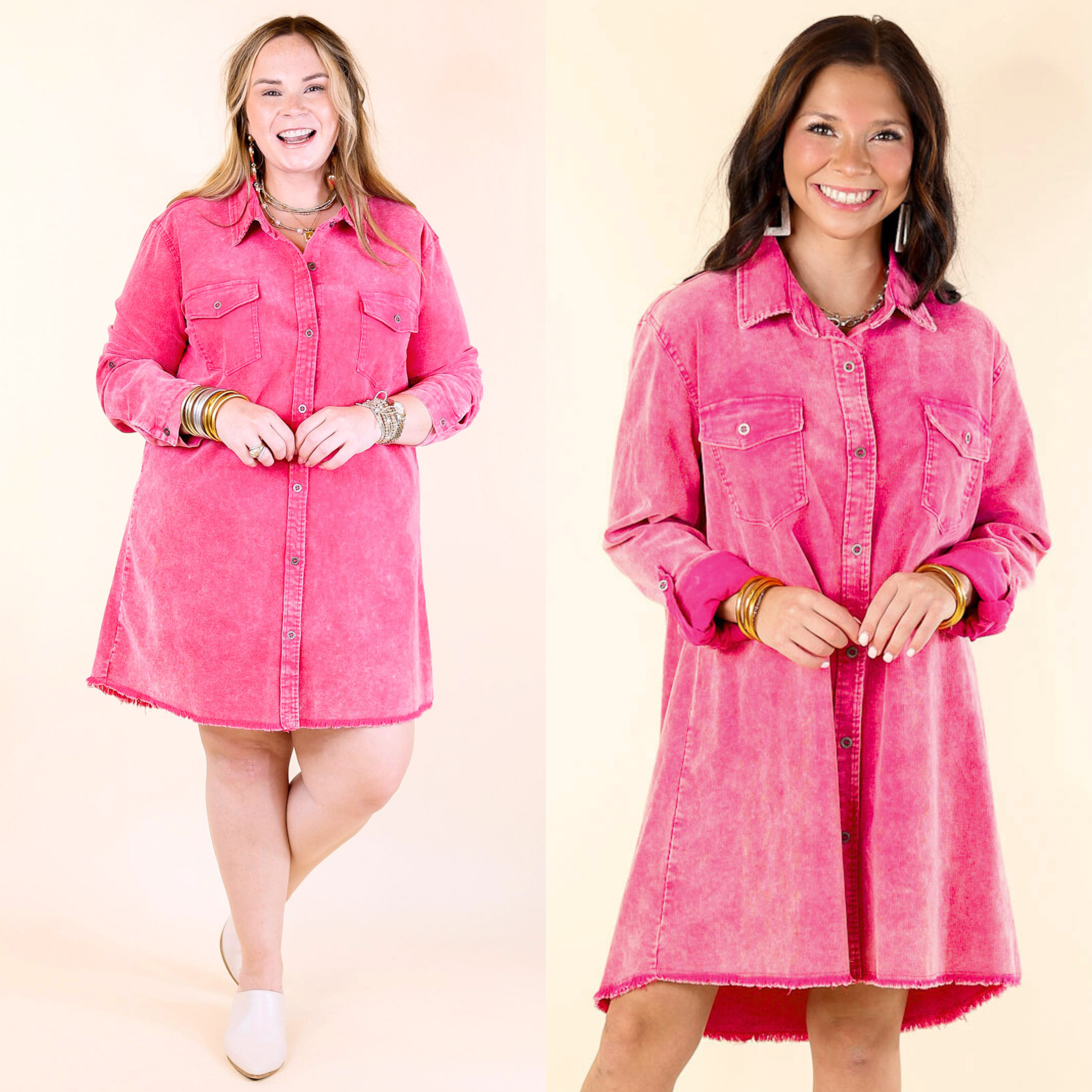 Pink Button Up Long Sleeve Corduroy Dress – Giddy Up Glamour Boutique