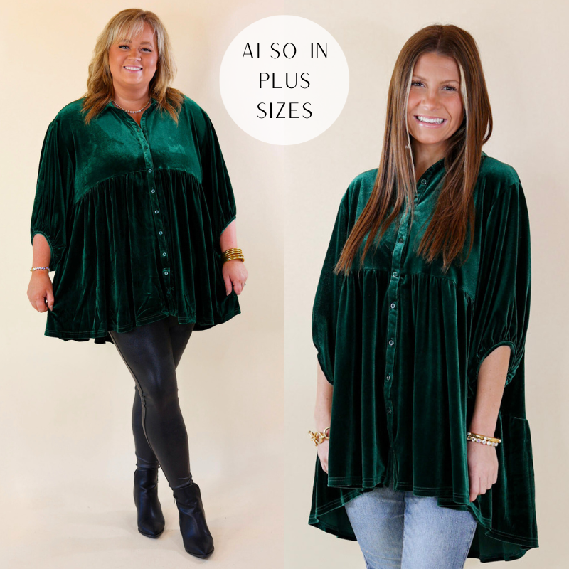 Models are wearing emerald green velvet button up top. Size plus model has it paired with black leather pants, black booties, and gold jewelry. Size small model has it paired with light washed Judy Blue jeans and gold jewelry. 