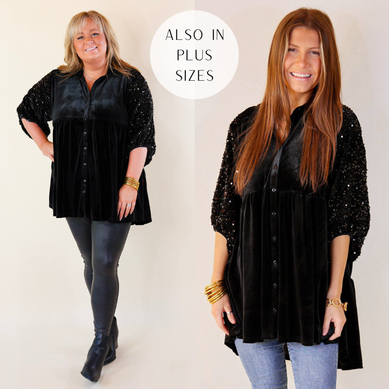 Models are wearing a black velvet sequin sleeve button up. Size plus model has it paired with black leather leggings, black booties, and gold jewelry. Size small model has it paired with light washed jeans and gold jewelry.
