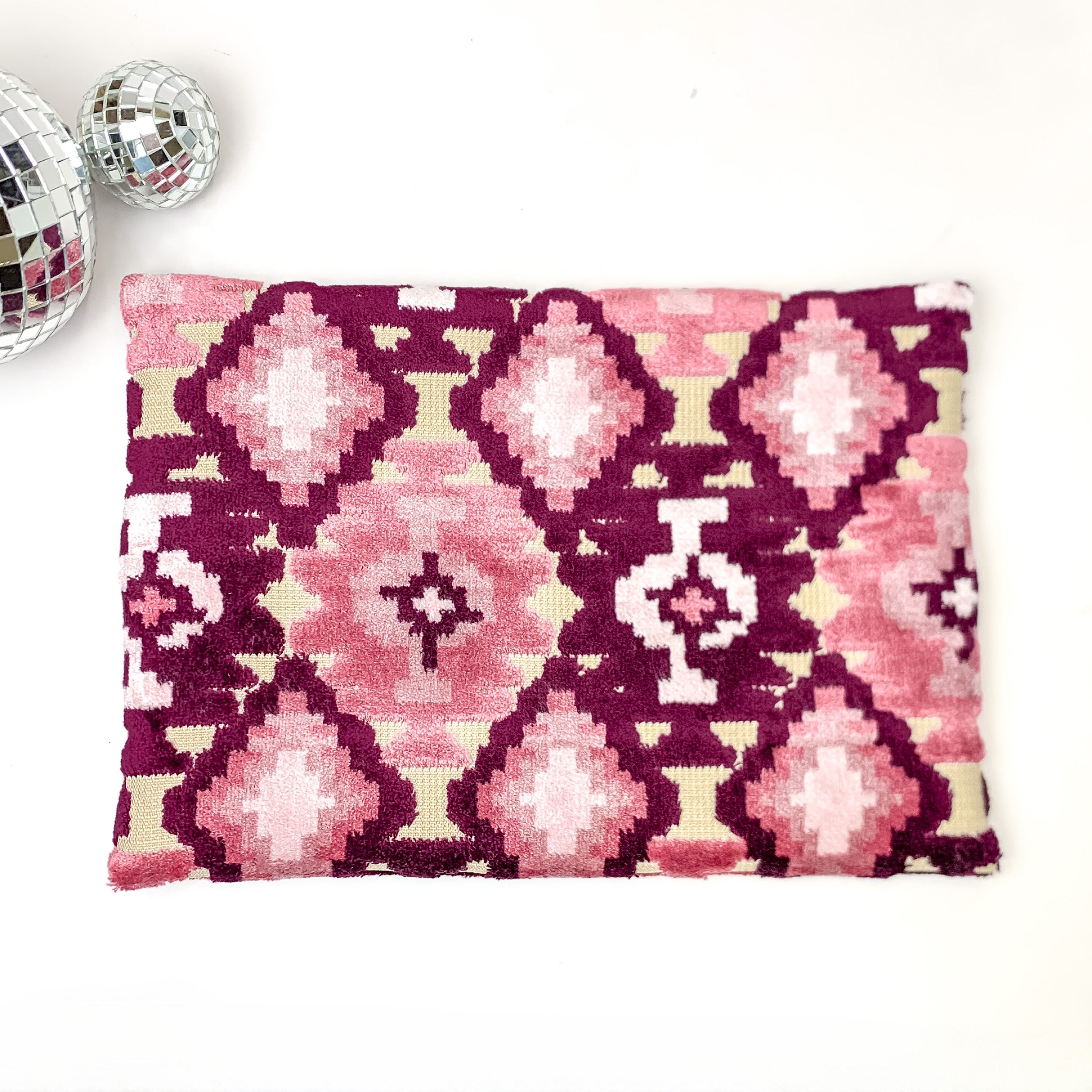 Makeup Junkie | Medium Maroon Aztec Lay Flat Bag in Maroon and Pink Mix - Giddy Up Glamour Boutique