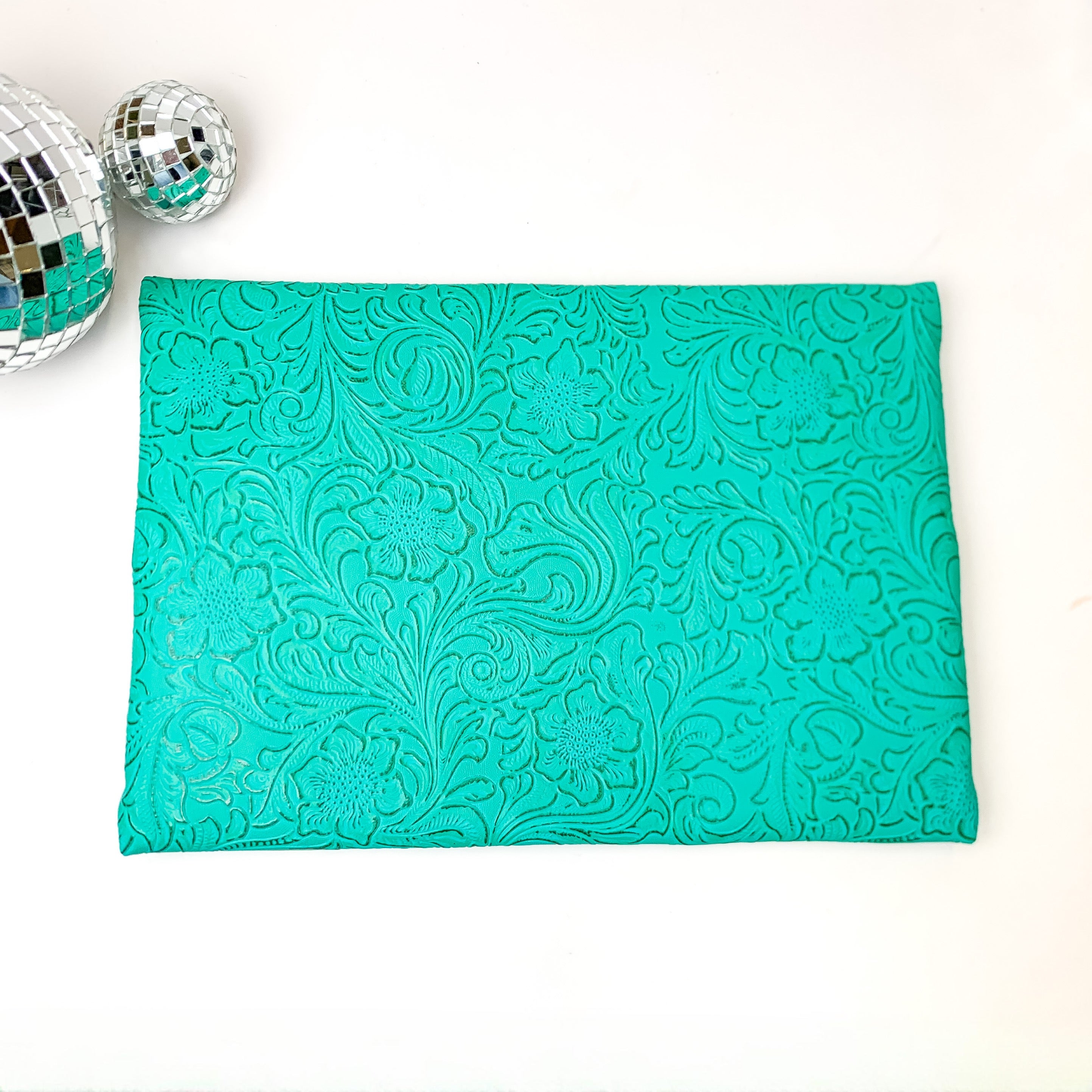 Makeup Junkie | Medium Turquoise Dream Lay Flat Bag in Turquoise Green Tooled Print - Giddy Up Glamour Boutique