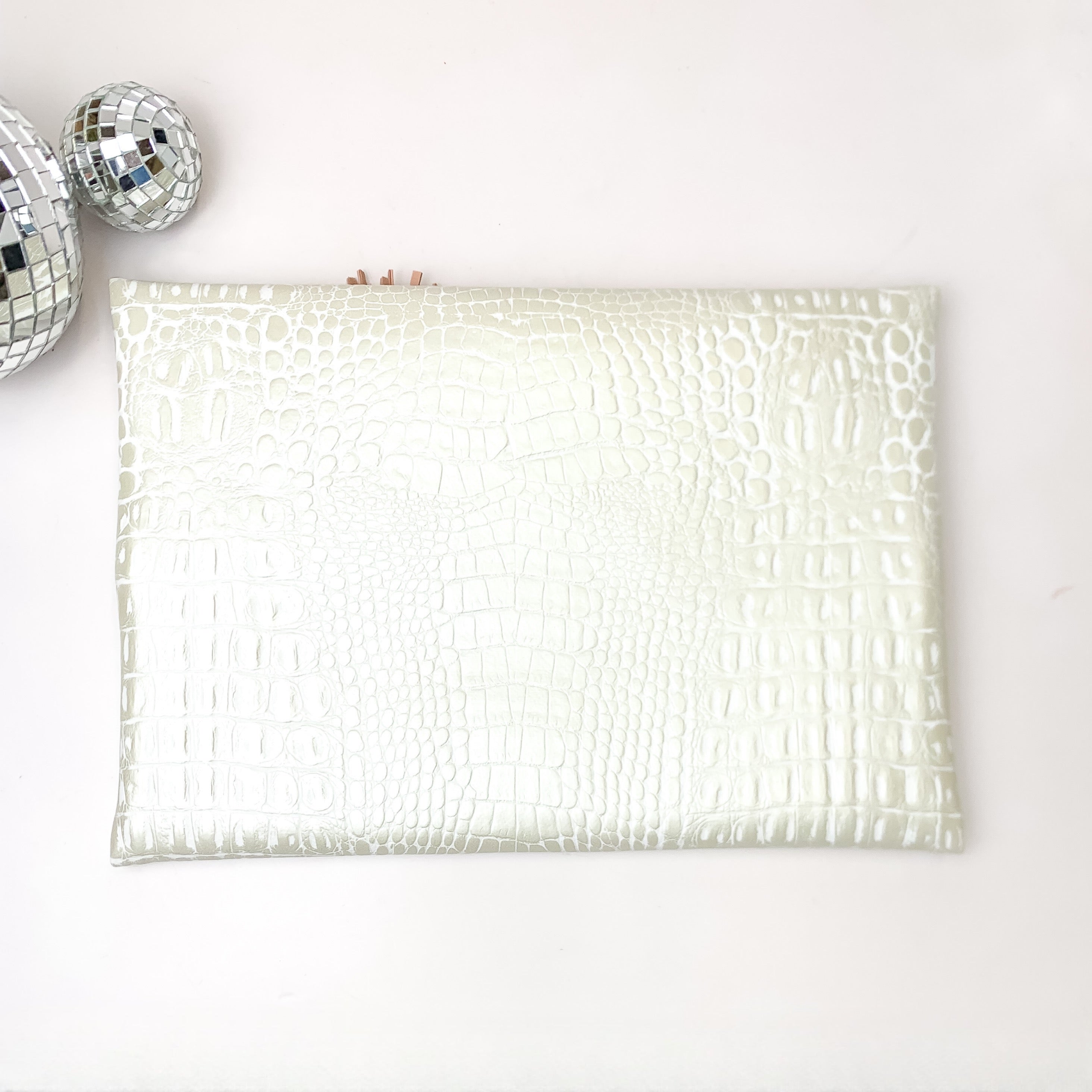 Makeup Junkie | Medium Shade of Pearl Lay Flat Bag in Pearl White Croc Print - Giddy Up Glamour Boutique