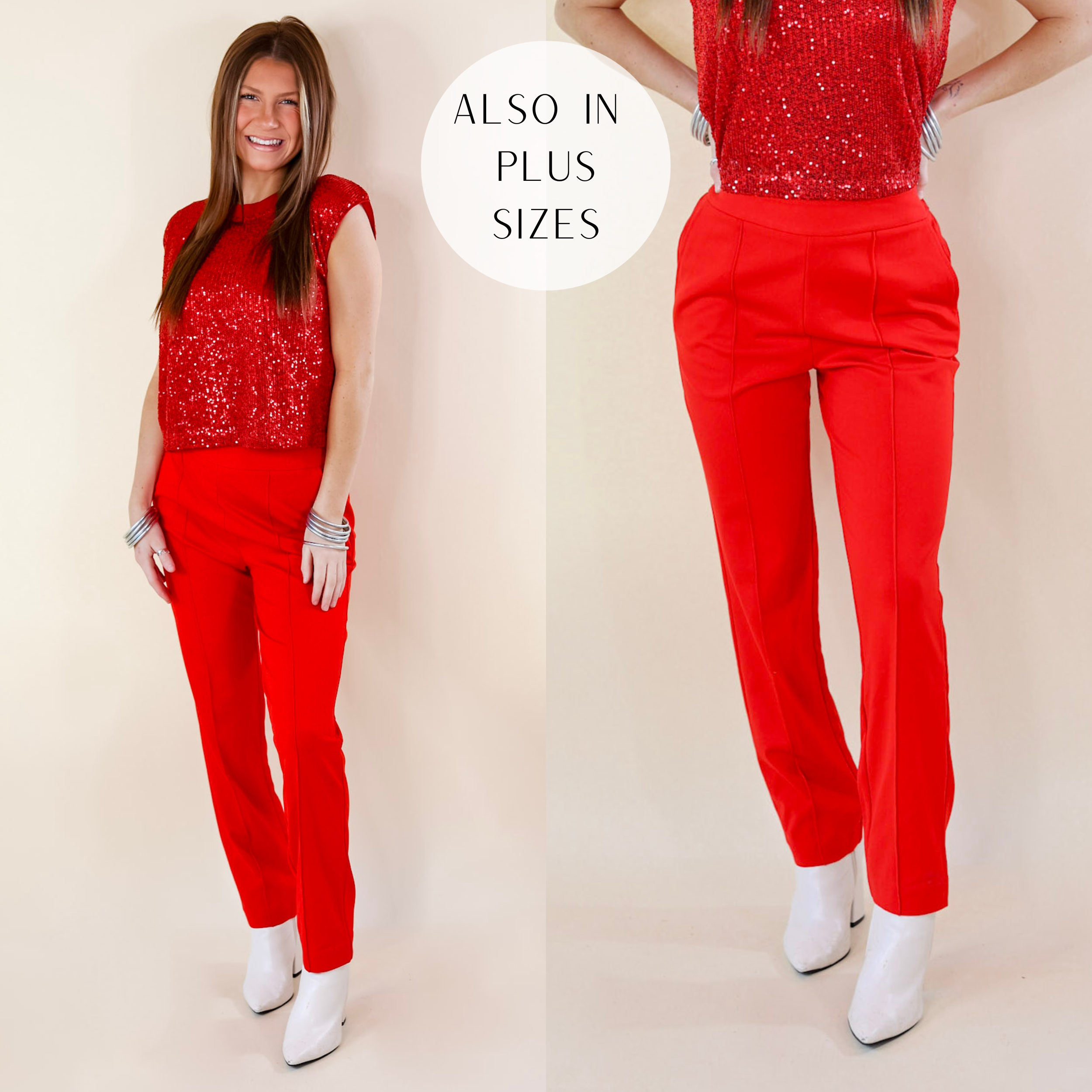 Model is wearing scarlet red trousers paired with the sequin sleek top, BuDhaGirl bracelets, and white boties.