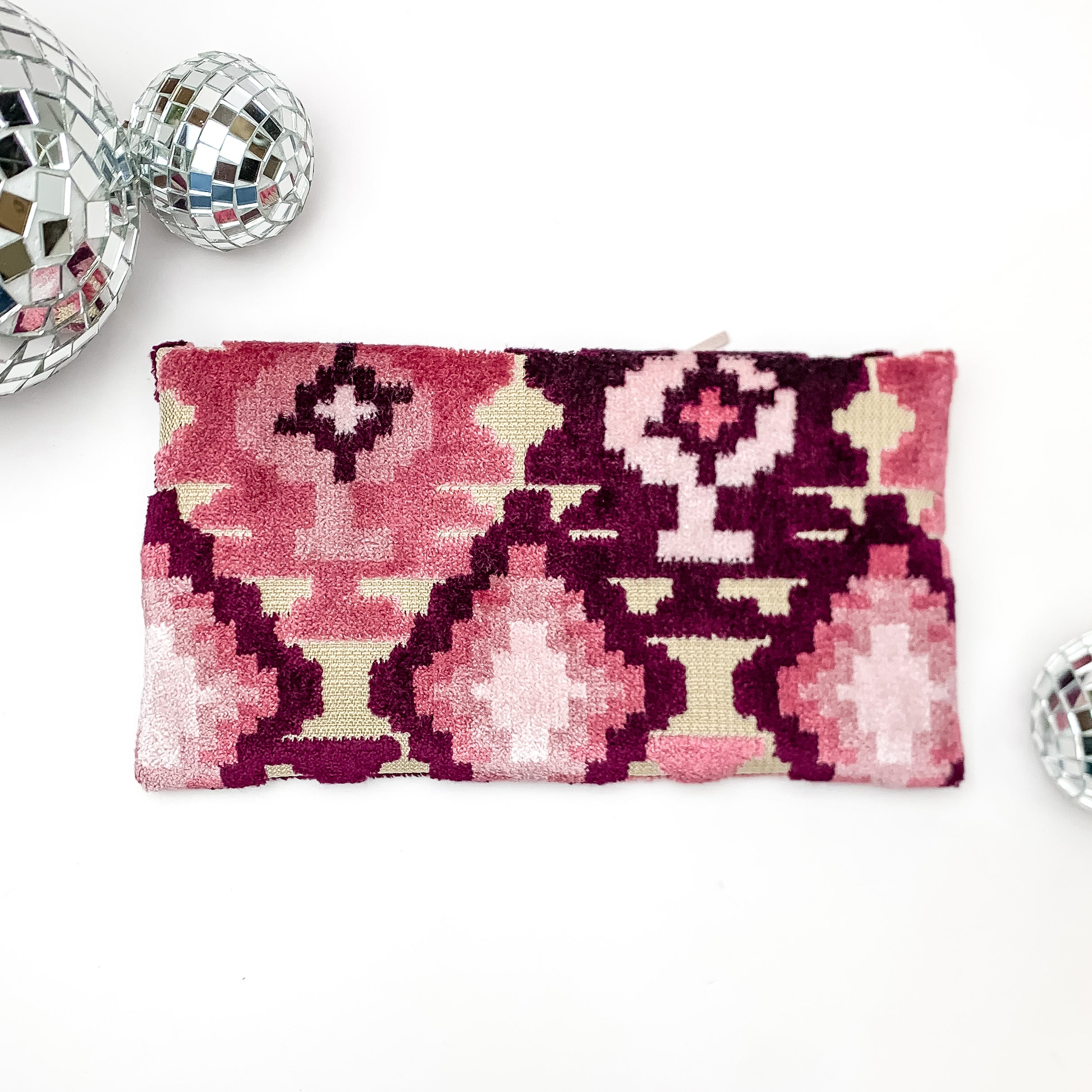 Makeup Junkie | Mini Maroon Aztec Lay Flat Bag in Maroon and Pink Mix - Giddy Up Glamour Boutique
