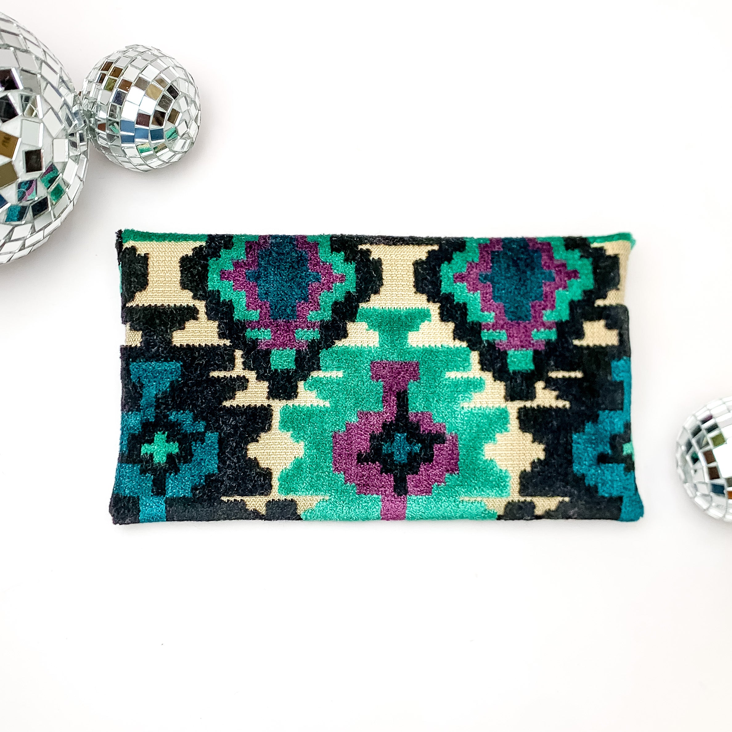 Makeup Junkie | Mini Midnight Aztec Lay Flat Bag in Turquoise Green and Black Mix - Giddy Up Glamour Boutique