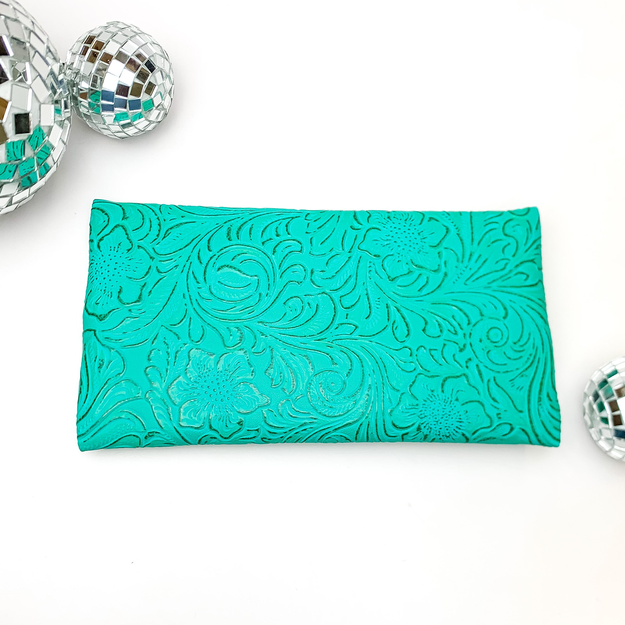 Makeup Junkie | Mini Turquoise Dream Lay Flat Bag in Turquoise Green Tooled Print - Giddy Up Glamour Boutique