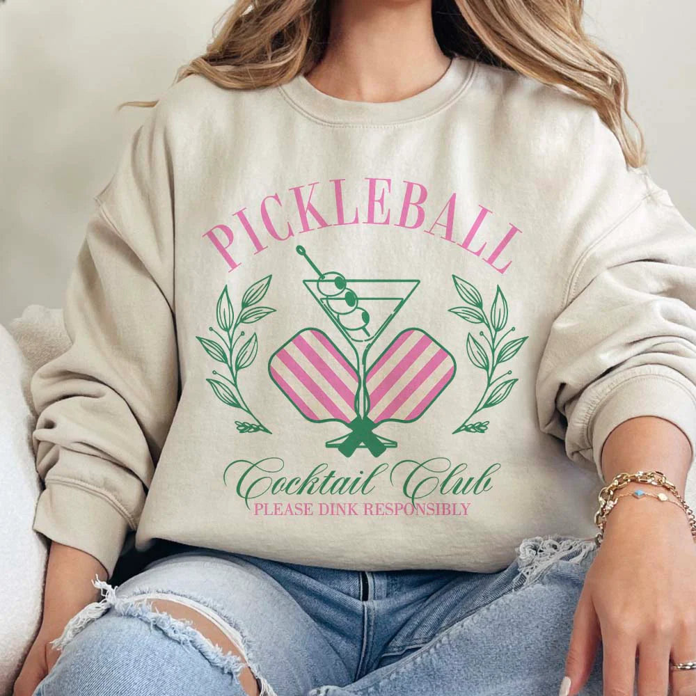 Online Exclusive | Pickleball Cocktail Club Coquette Long Sleeve Graphic Sweatshirt in Cream - Giddy Up Glamour Boutique