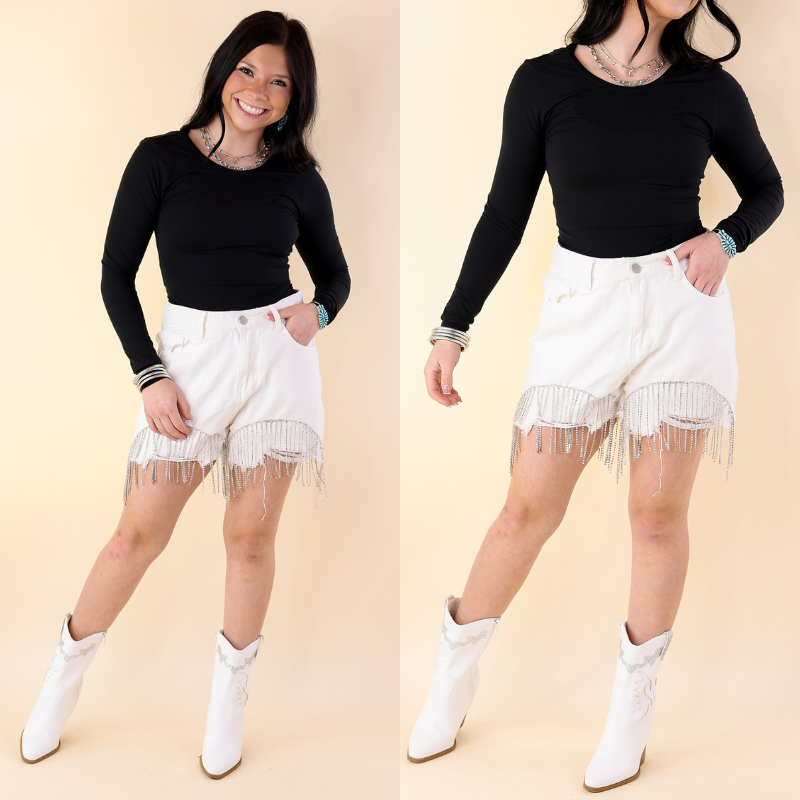 Saddle Up Crystal Fringe Distressed Denim Shorts in Ivory - Giddy Up Glamour Boutique