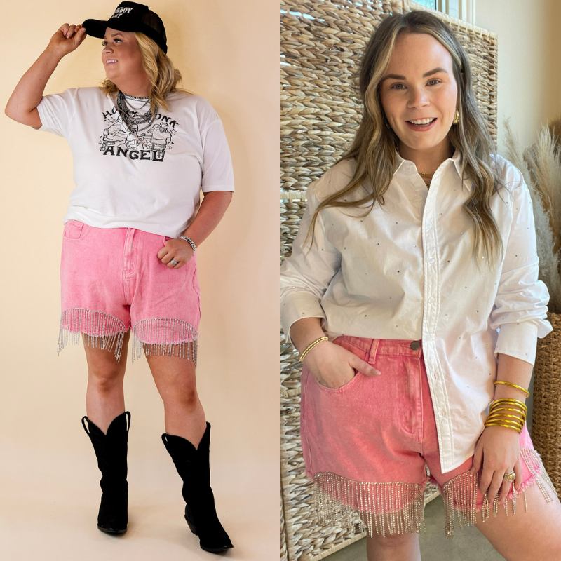 Saddle Up Crystal Fringe Distressed Denim Shorts in Pink