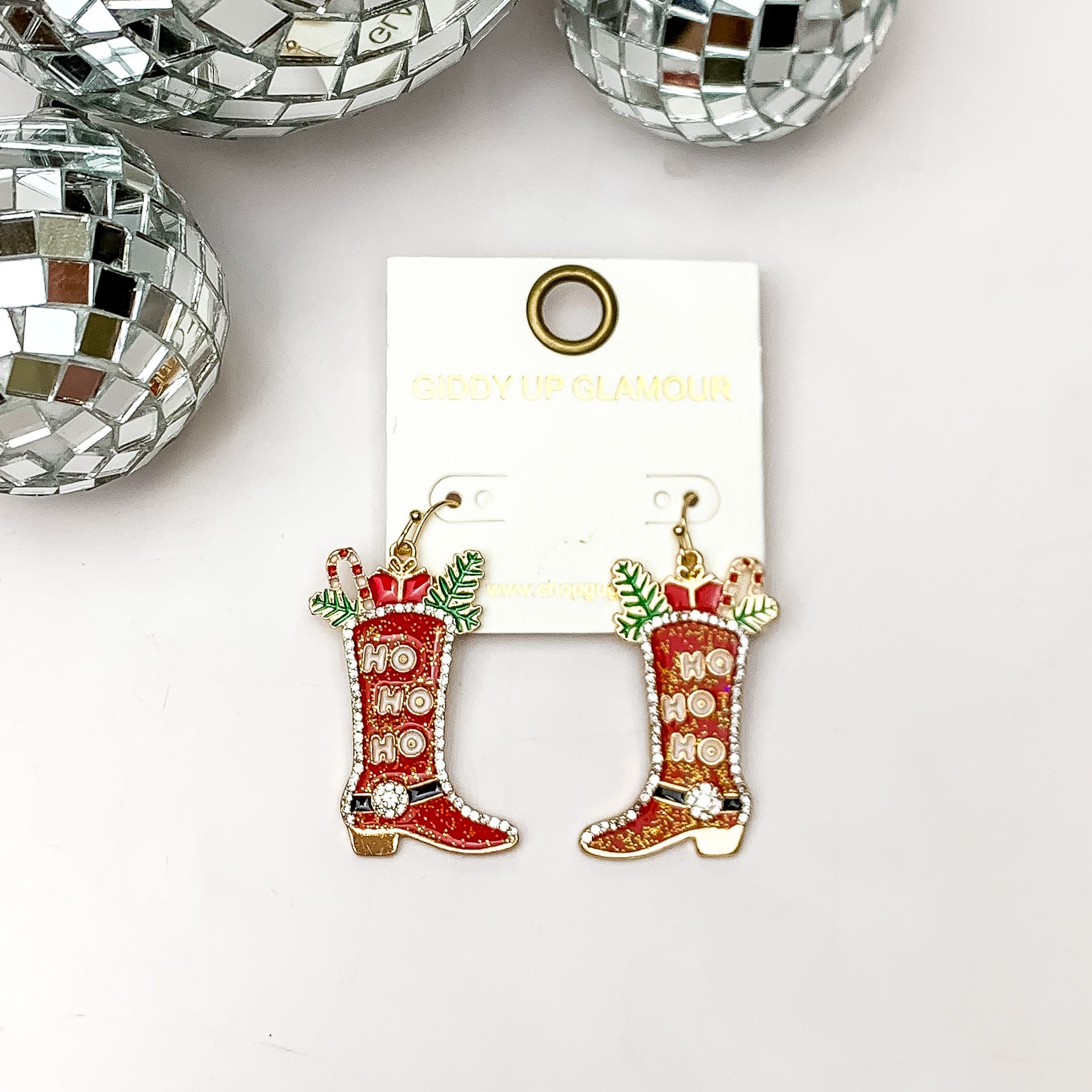 HO HO HO Cowboy Boot Drop Earrings in Red - Giddy Up Glamour Boutique