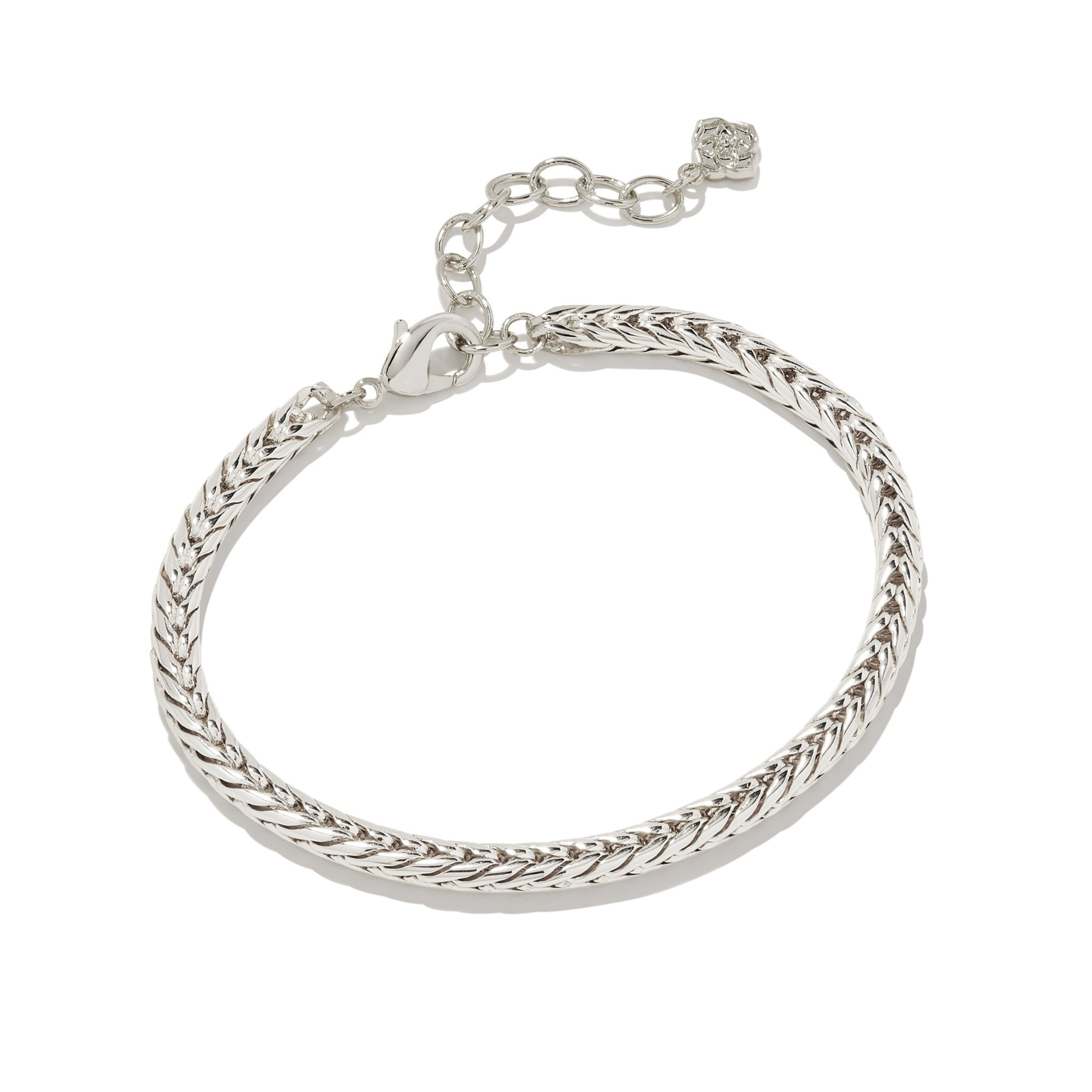 Silver chain bracelet pictured on a white background. 