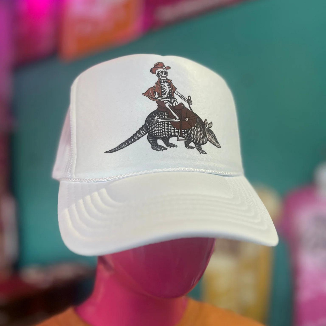 Online Exclusive | Skeleton on Armadillo Trucker Cap in White - Giddy Up Glamour Boutique