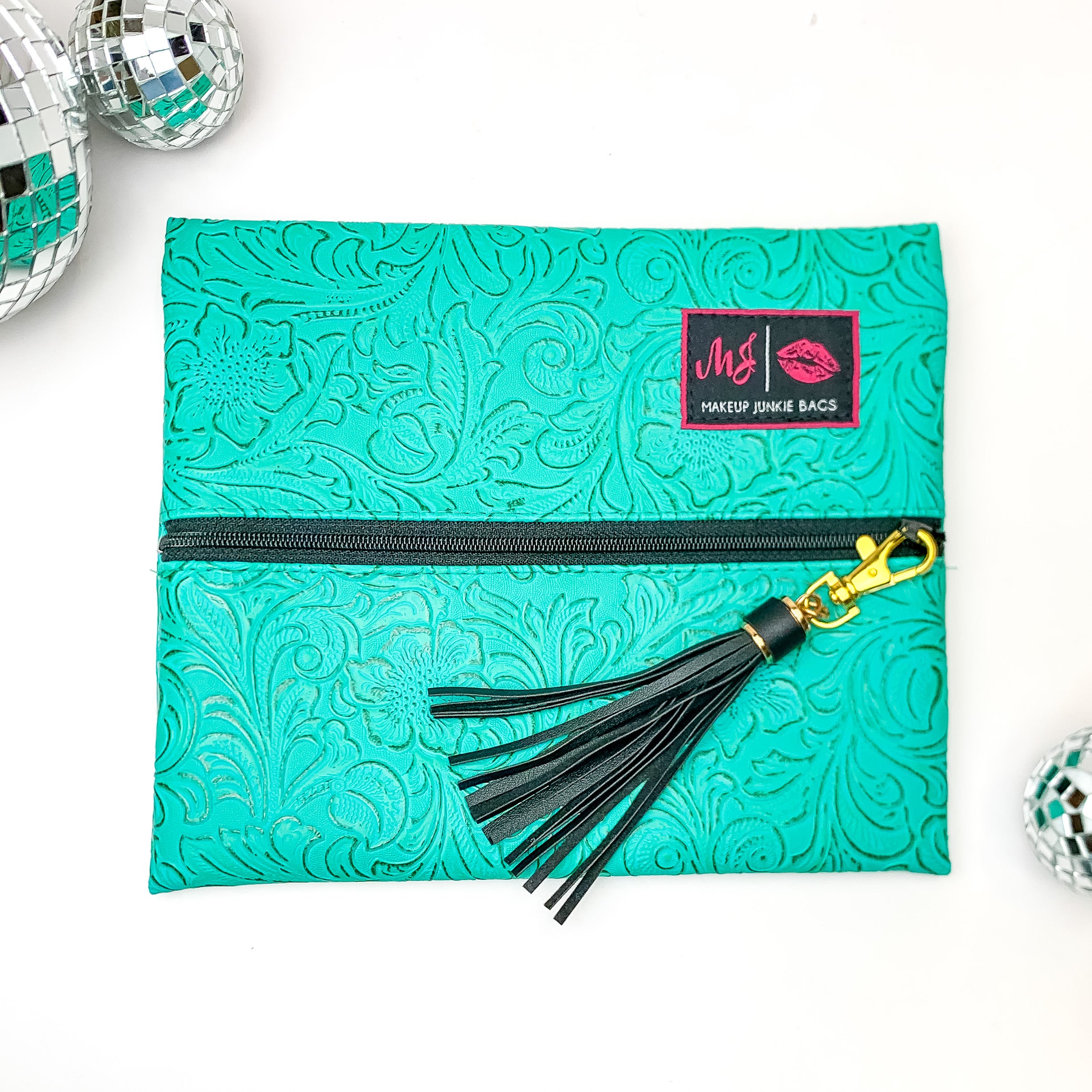 Makeup Junkie | Small Turquoise Dream Lay Flat Bag in Turquoise Green Tooled Print - Giddy Up Glamour Boutique