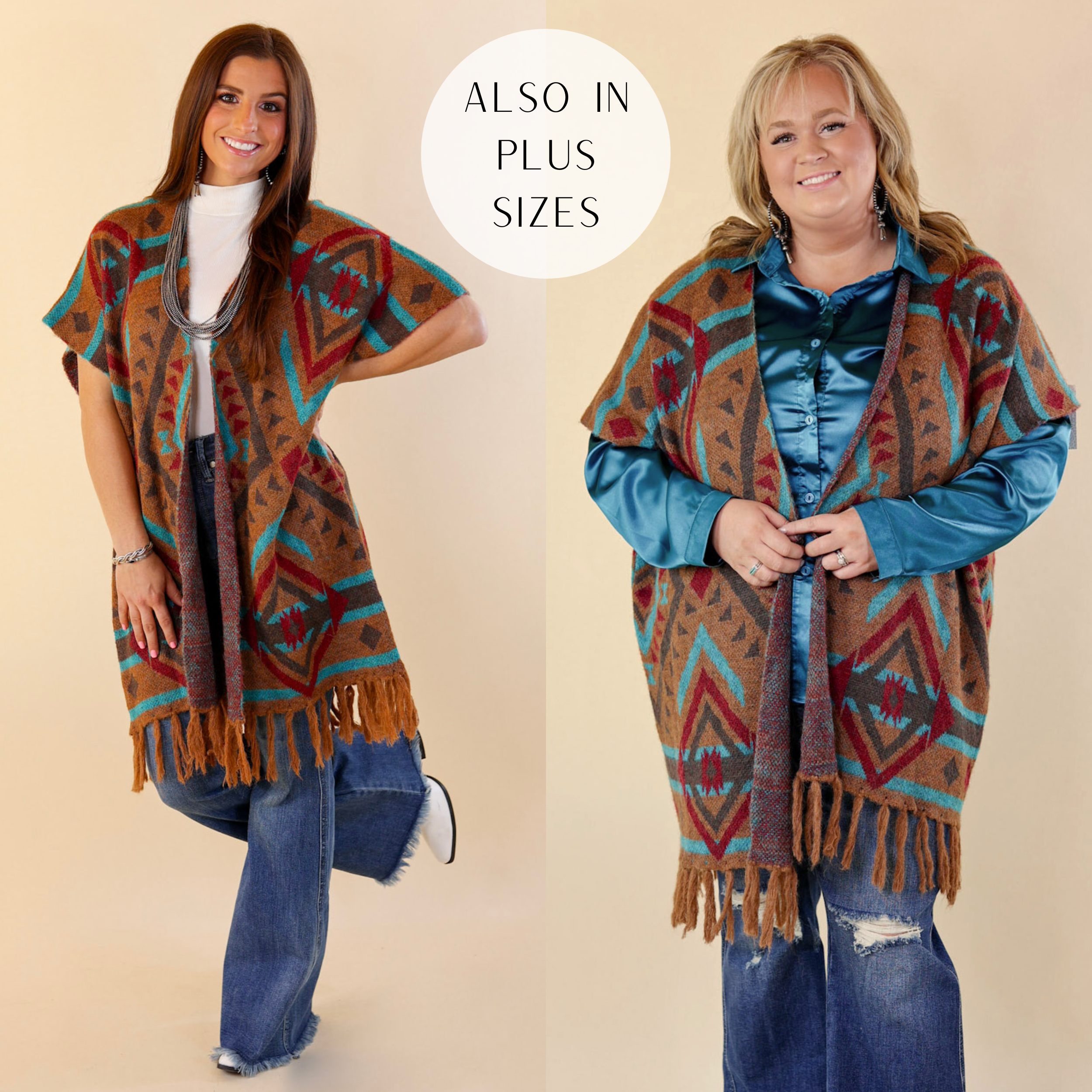 Models are wearing a aztec wrap poncho. Small model has paired with with a white tank top, blue distressed jeans, and white booties. Plus size model has it paired with a blue button up, distressed jeans, and silver jewelry.