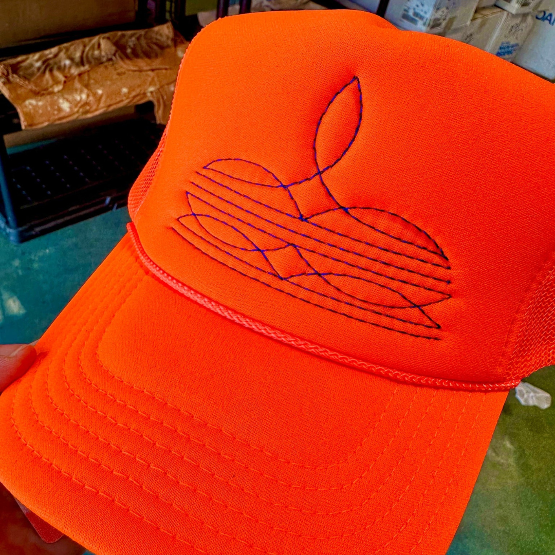 Online Exclusive | Blue Boot Stitch Foam Trucker Cap in Neon Orange - Giddy Up Glamour Boutique