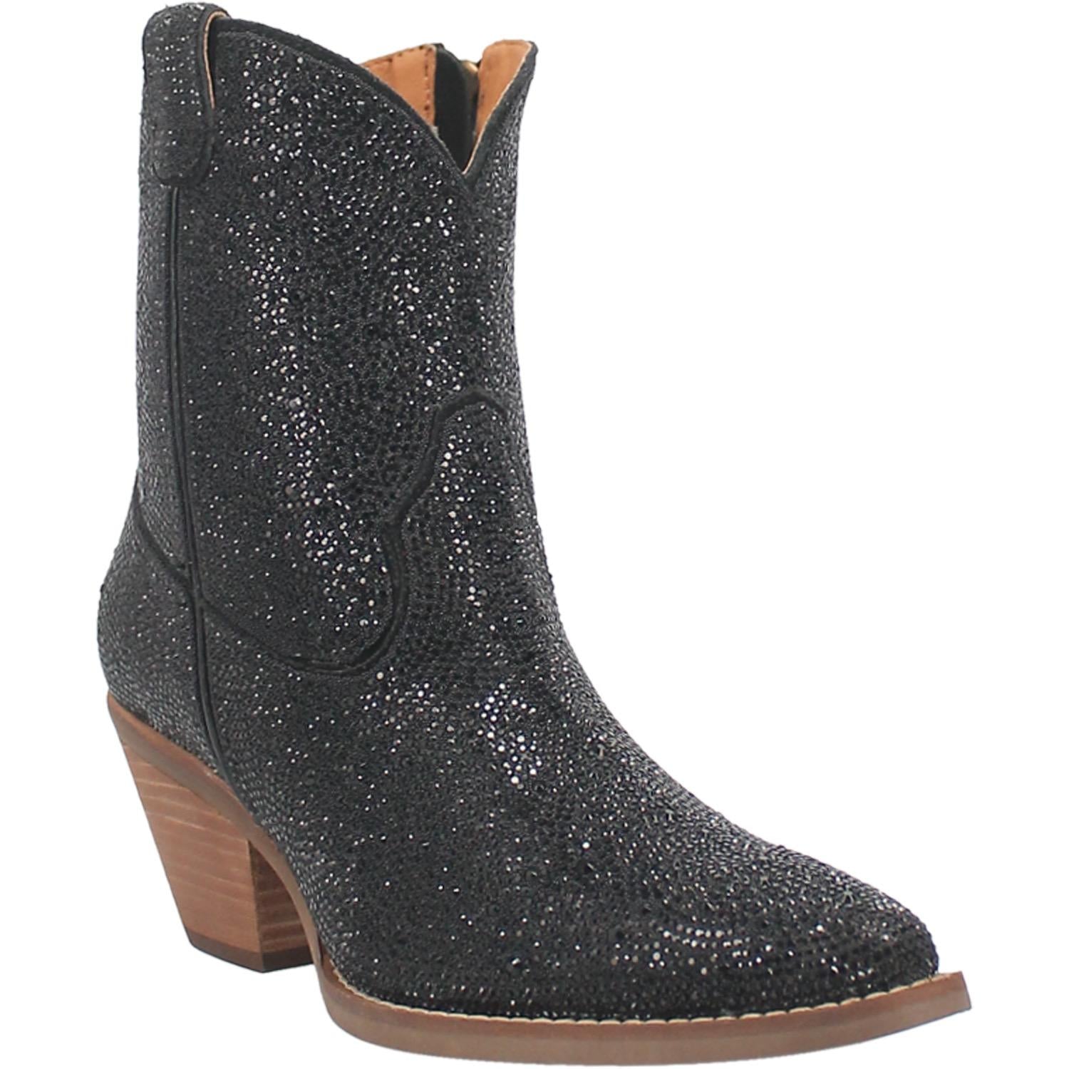 A small bootie with different size black rhinestones from top to bottom, matching straps, short heel, and a V cut at the top.