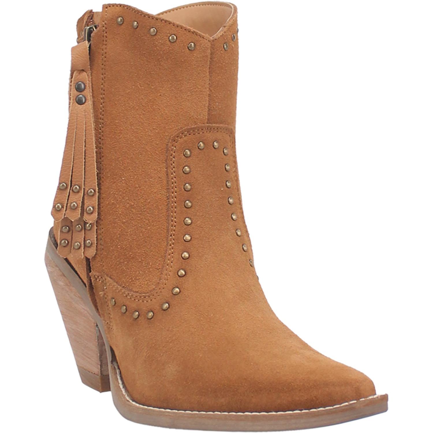 The boots shown are a low calf height bootie with a snip pointed toe made of genuine leather. The stud design and detail adds an additional edge to any outfit you pair them with. This pair is camel suede.