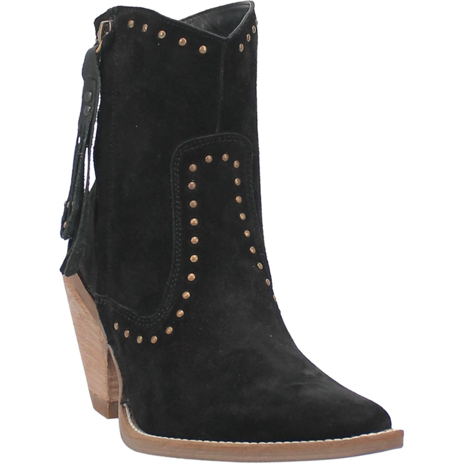 The boots shown are a low calf height bootie with a snip pointed toe made of genuine leather. The stud design and detail adds an additional edge to any outfit you pair them with. This pair is black suede. 