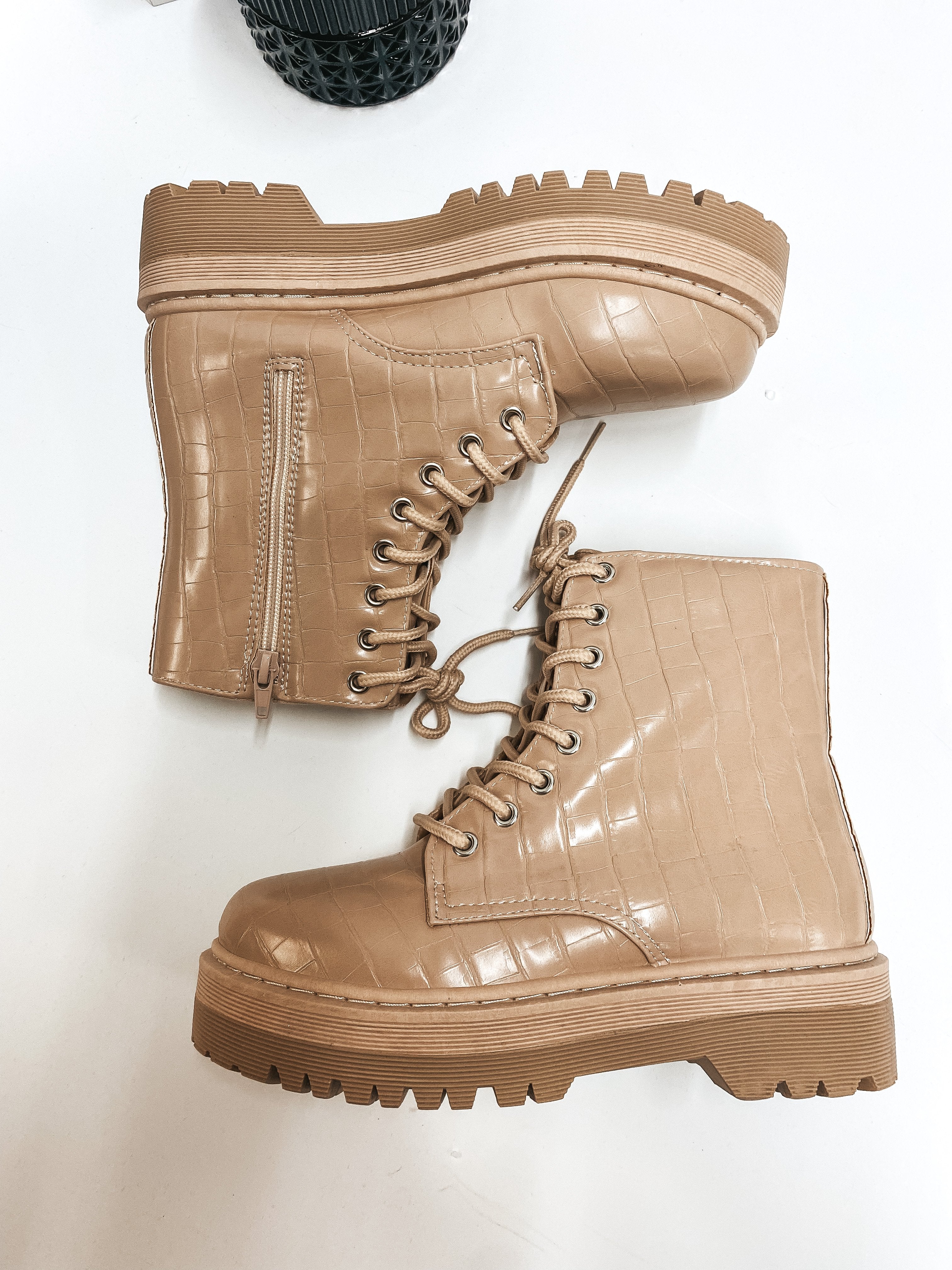 Born to be Wild Combat Boots in Taupe Croc - Giddy Up Glamour Boutique