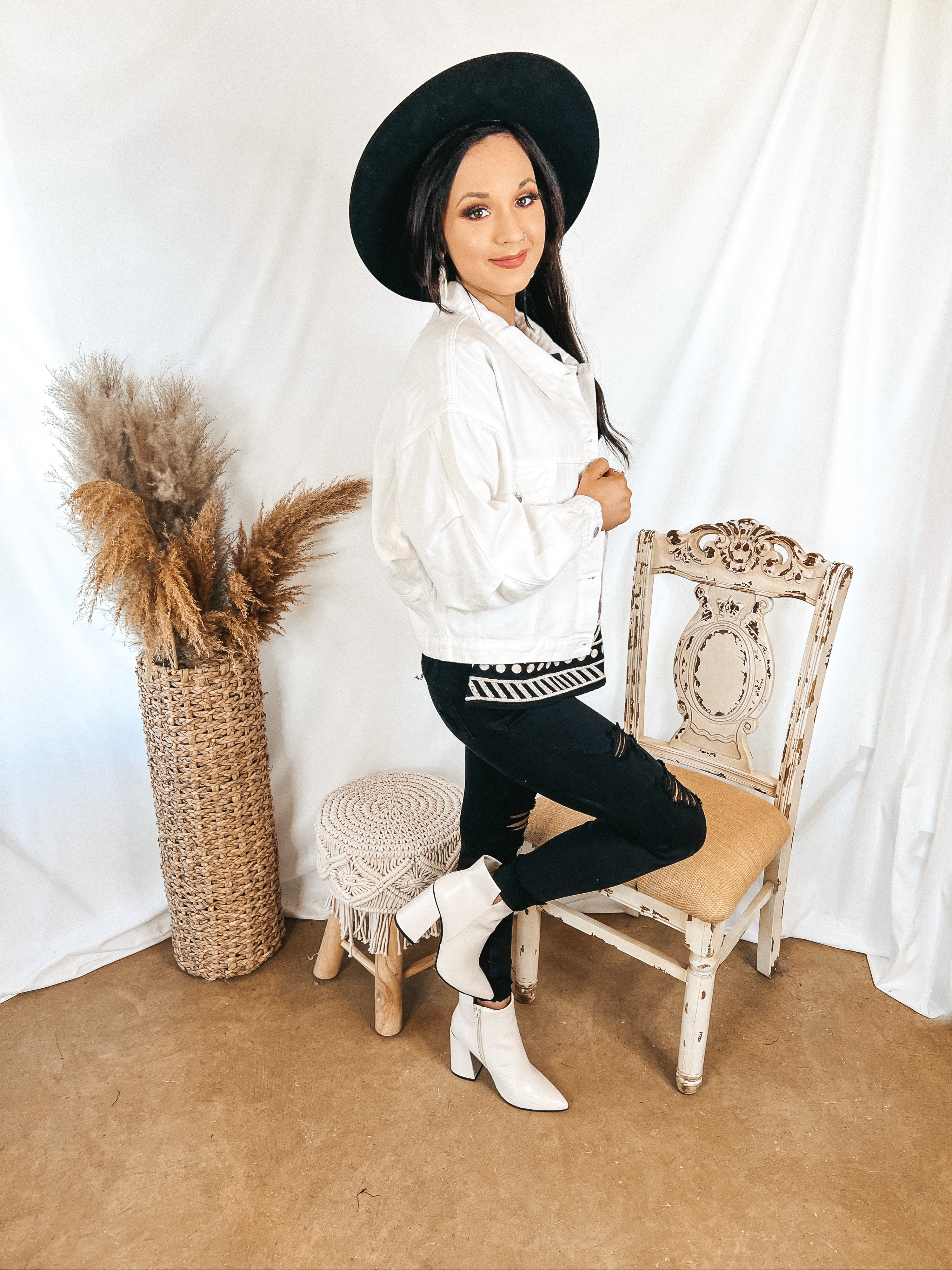 Very Confident Button Up Cropped Denim Jacket in White - Giddy Up Glamour Boutique