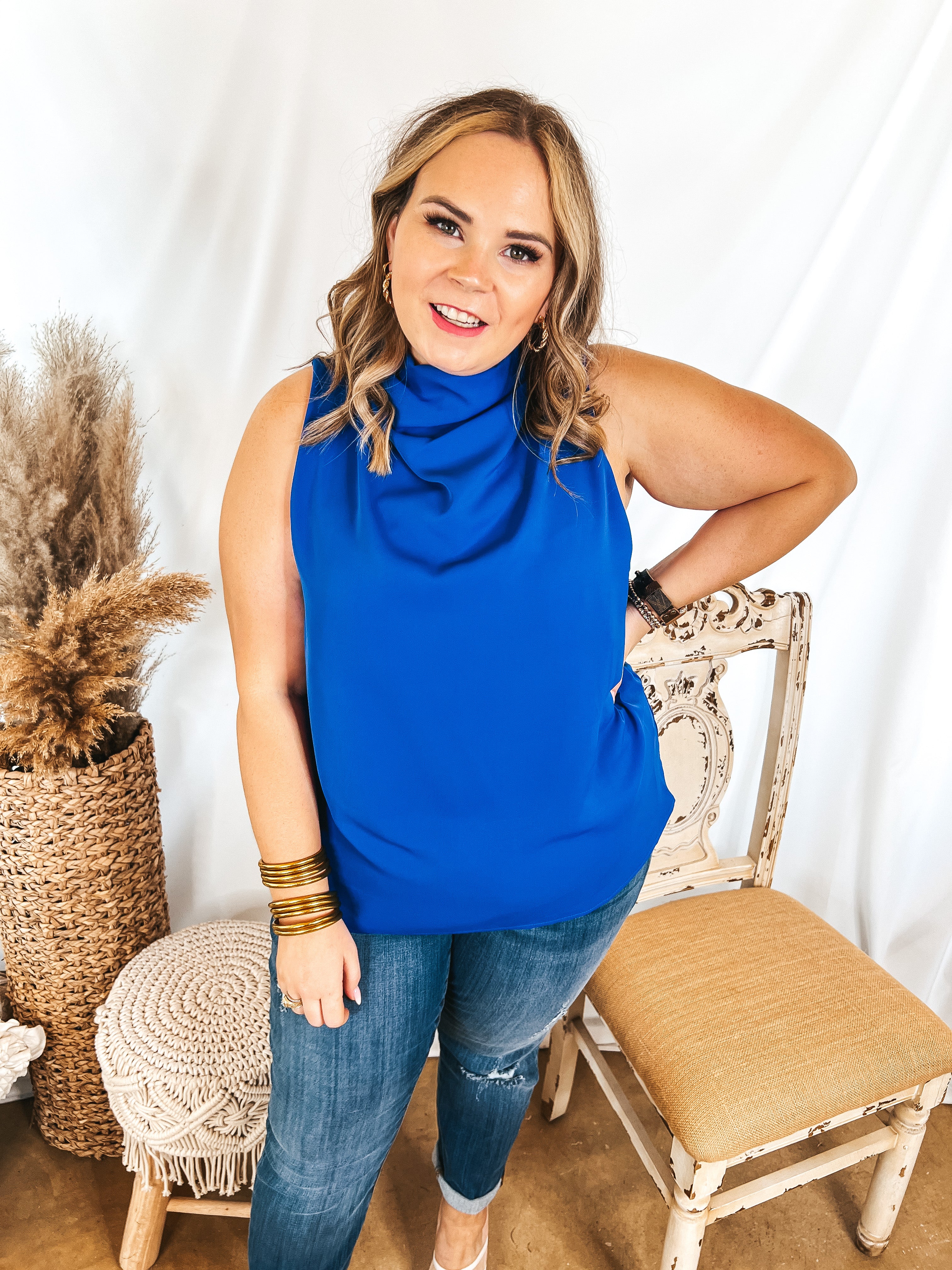 Hot Spot High Cowl Neck Tank Top in Royal Blue - Giddy Up Glamour Boutique