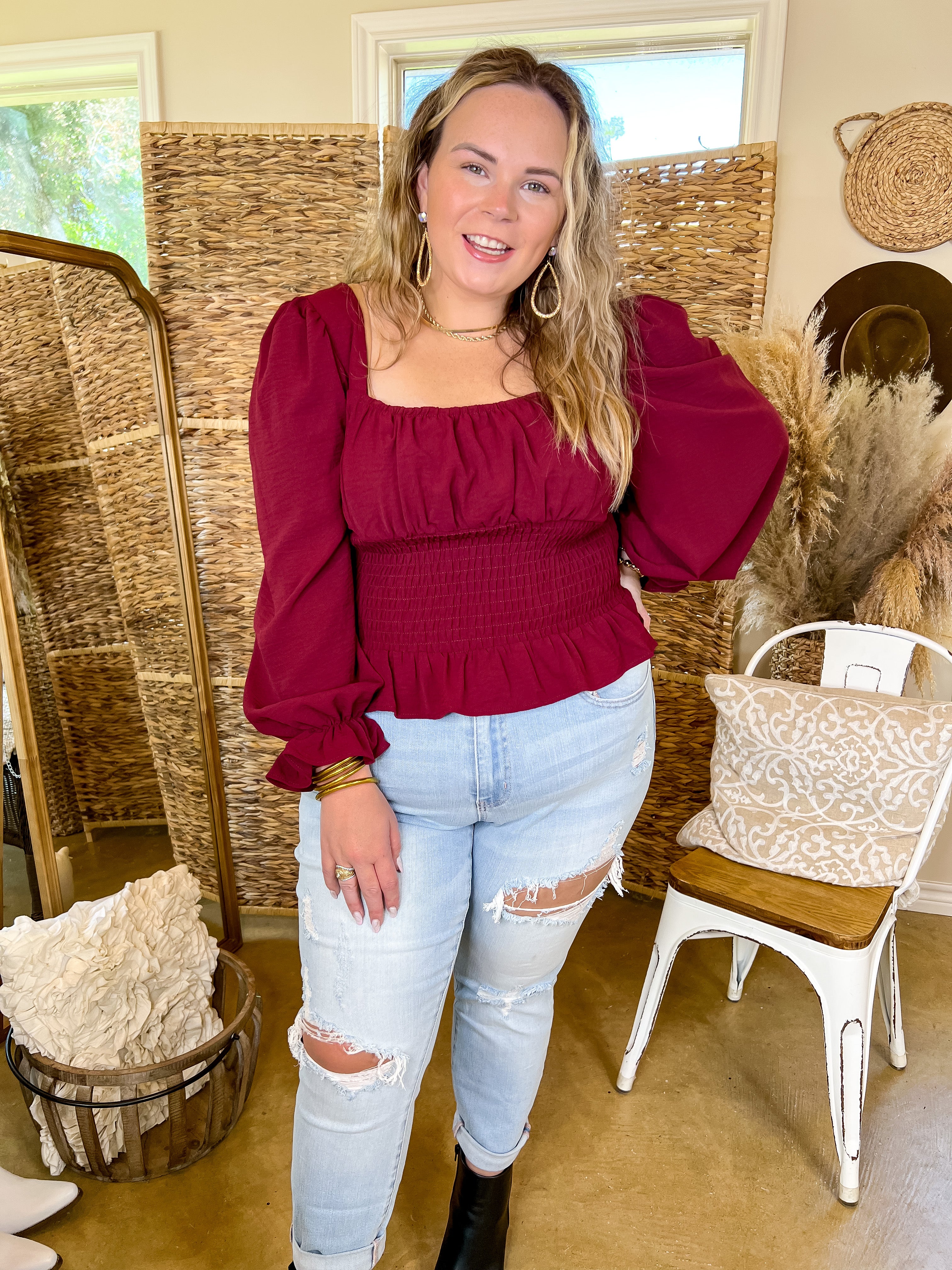 Starting Fresh Long Sleeve Peplum Top with Smocked Bodice in Maroon - Giddy Up Glamour Boutique