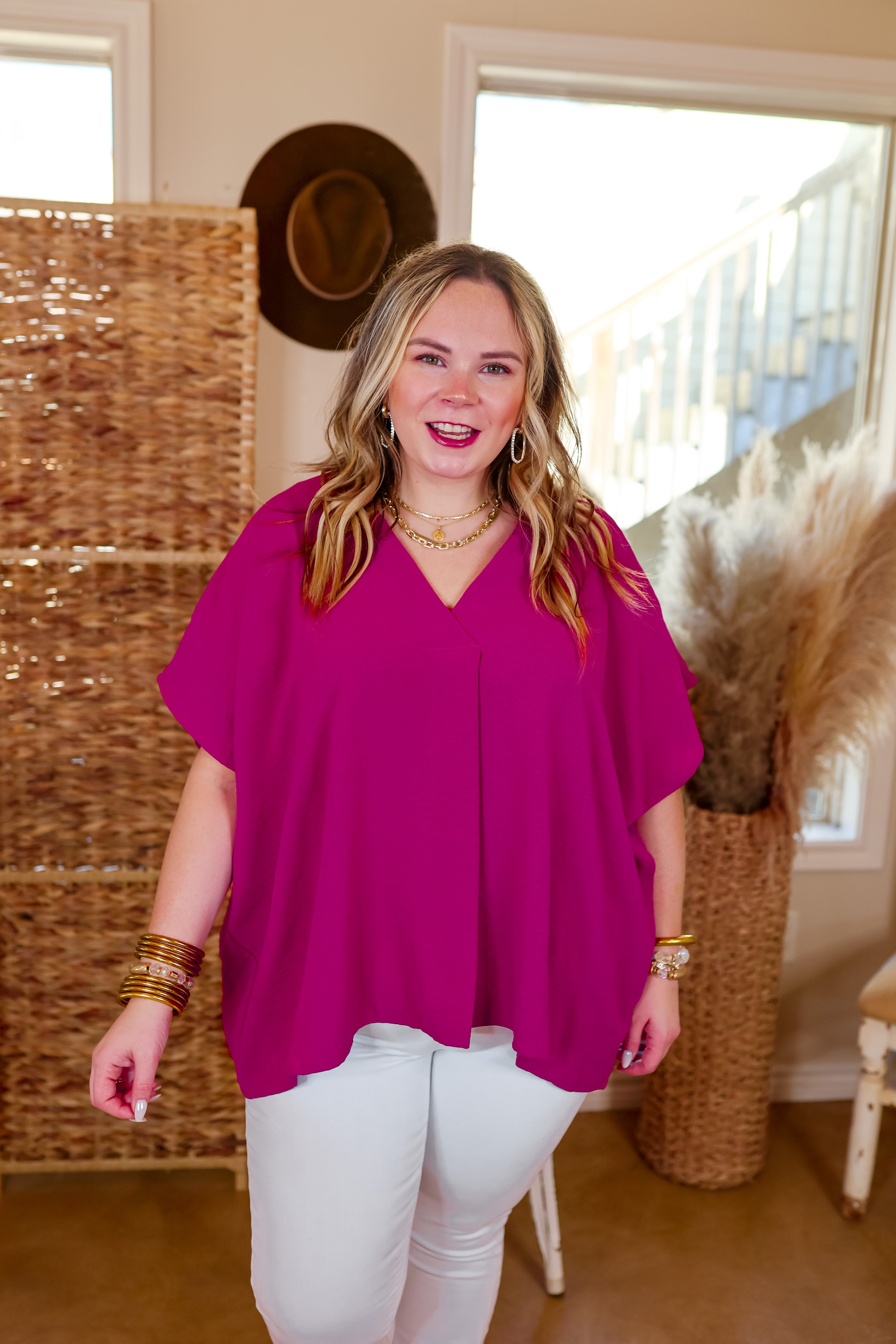 Weekend Out V Neck Placket Short Sleeve Top in Magenta - Giddy Up Glamour Boutique