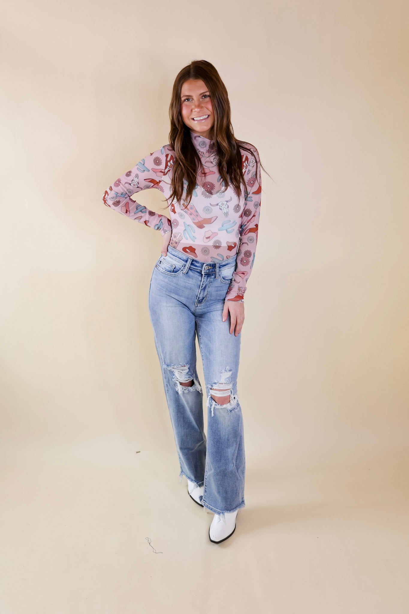 Try Your Luck Western Print Mesh Long Sleeve Bodysuit in Blush Pink - Giddy Up Glamour Boutique