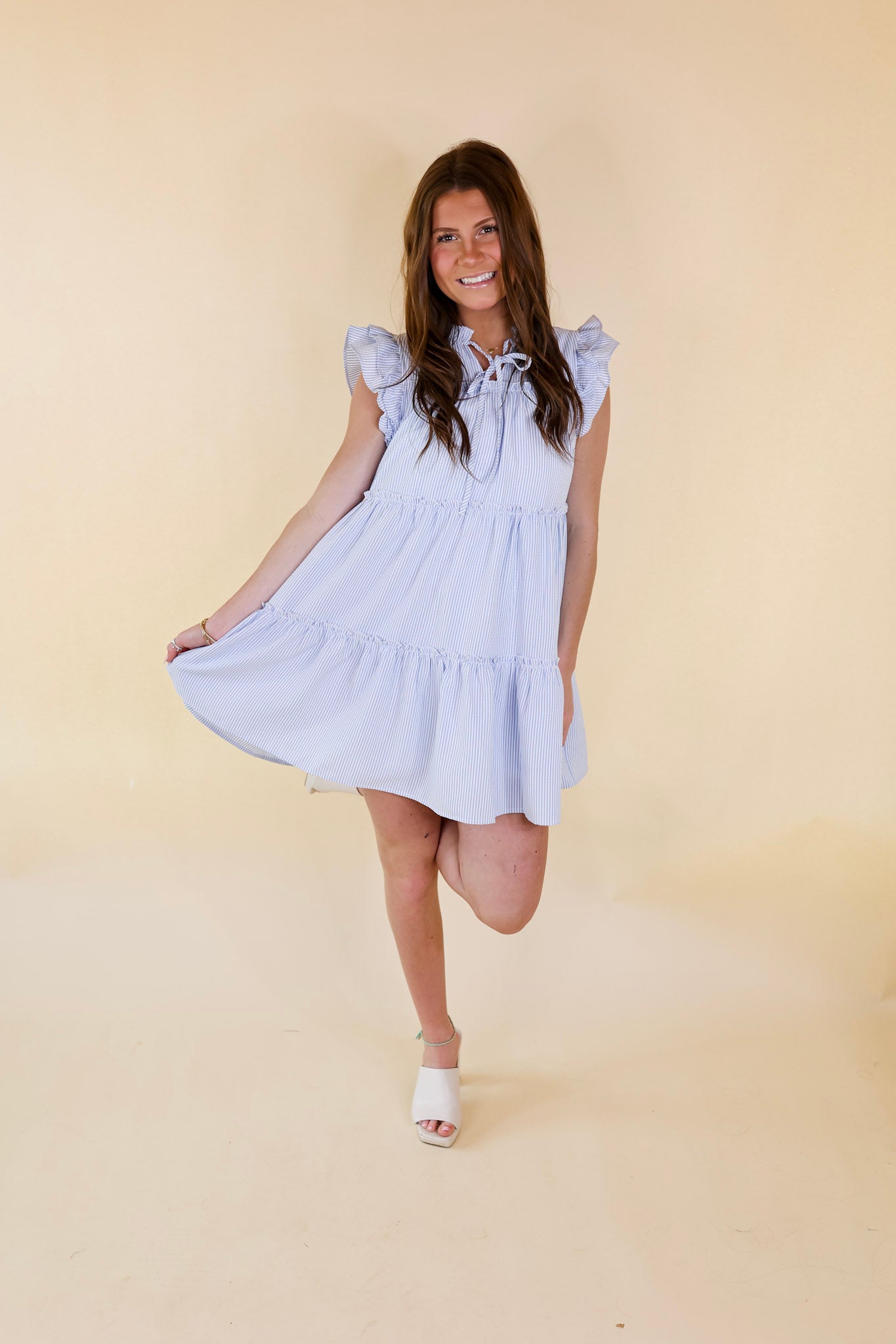 Beachfront Bliss Pin Stripe Dress with Keyhole and Tie Neck in Light Blue - Giddy Up Glamour Boutique