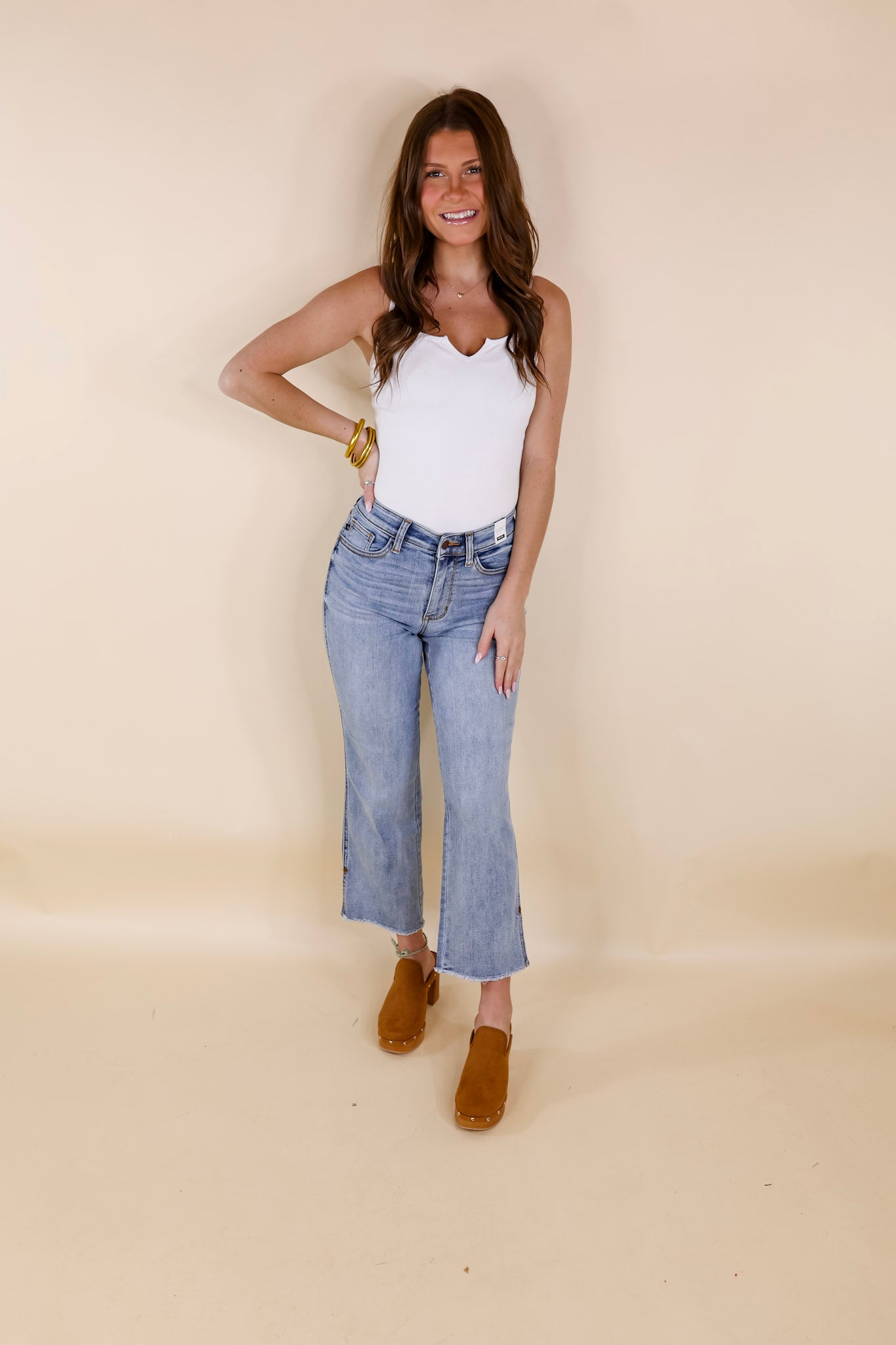 Judy Blue | Epic Count Down Side Slit Cropped Straight Leg Jeans in Light Wash - Giddy Up Glamour Boutique