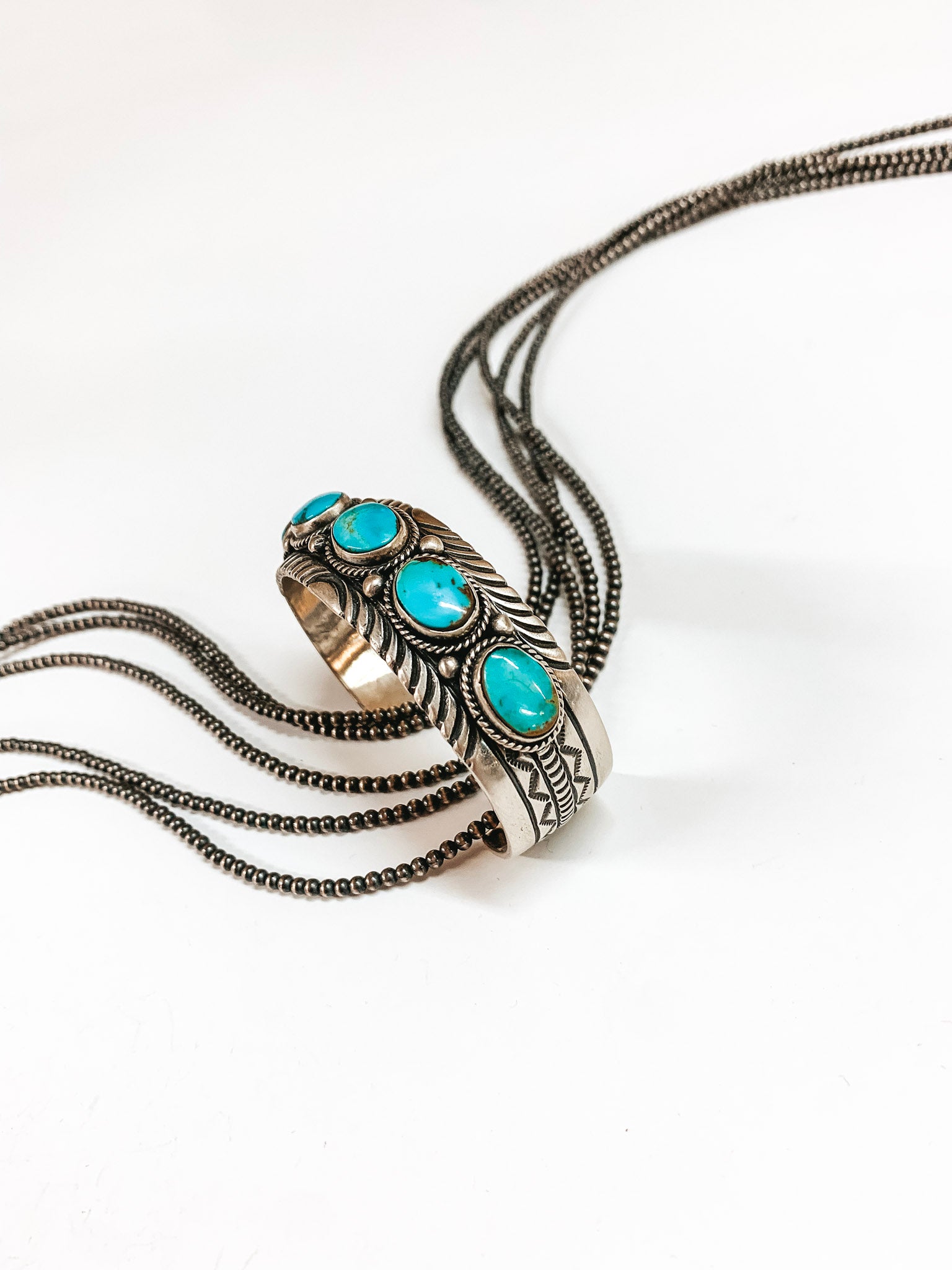 P Yazzie | Navajo Handmade Sterling Silver Cuff with 5 Turquoise Oval Stones - Giddy Up Glamour Boutique