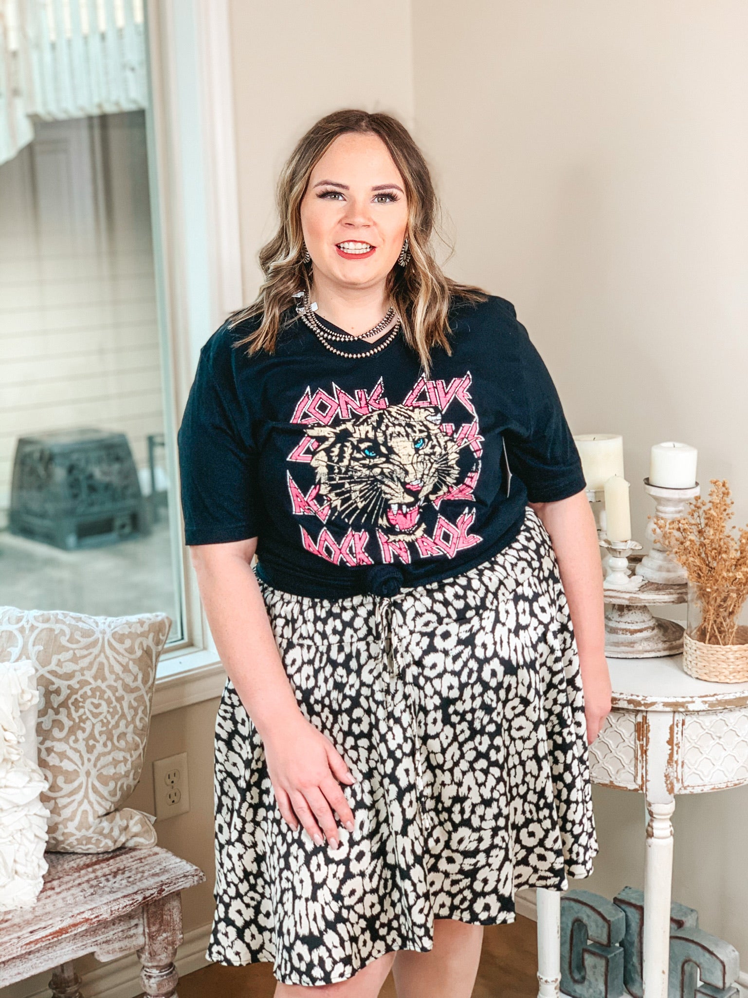 Plus Size | Swing into Spring Leopard Drawstring Swing Skirt in Ivory and Black - Giddy Up Glamour Boutique
