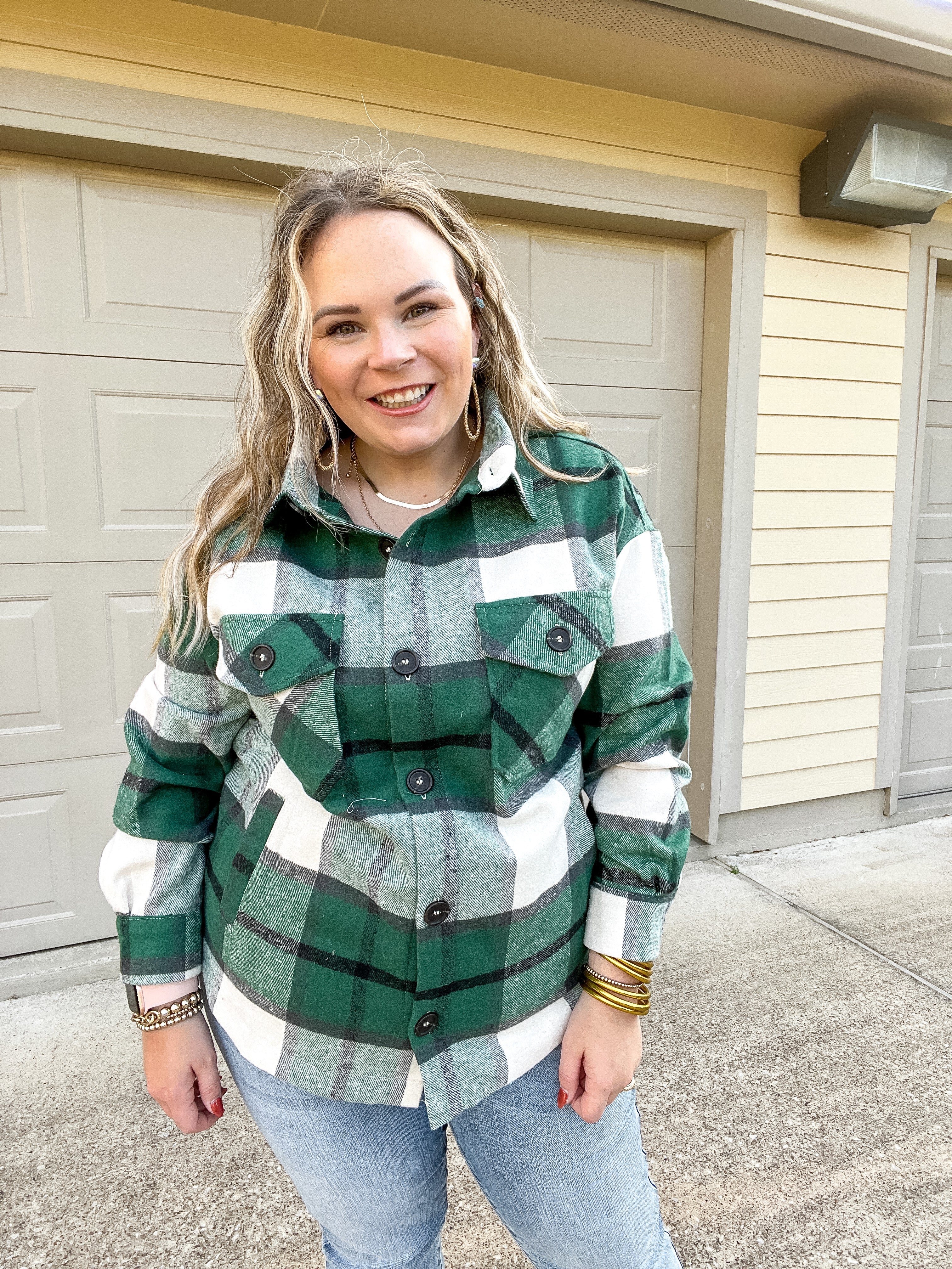 Autumn Air Plaid Button Up Shacket in Hunter Green - Giddy Up Glamour Boutique