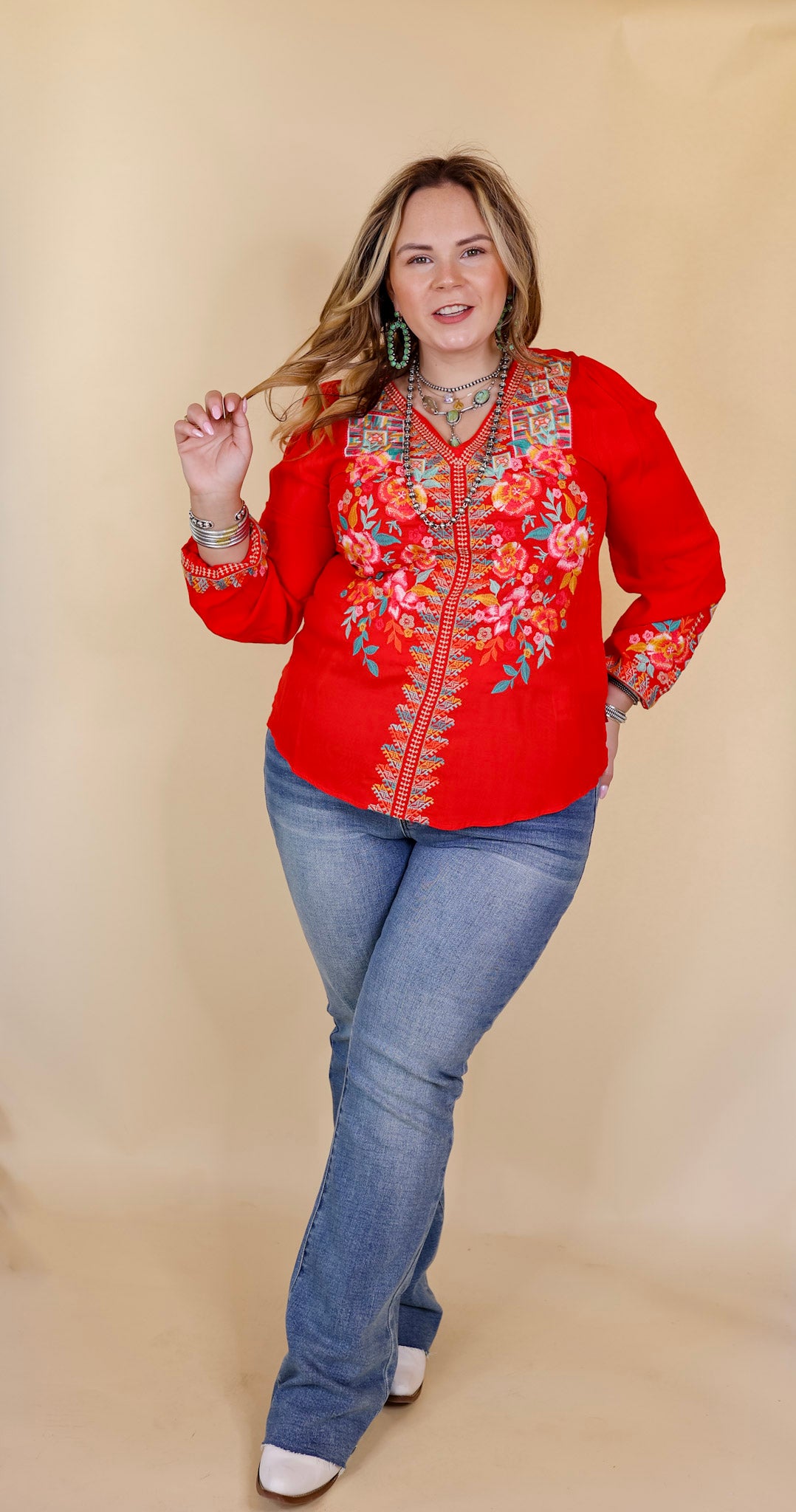 Brunch With Me Long Sleeve Embroidered Top with V Neckline in Red - Giddy Up Glamour Boutique