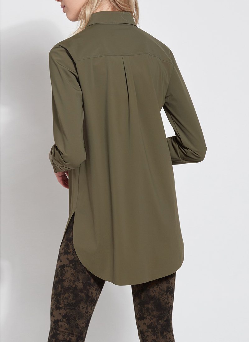 Online Exclusive | Lysse Schiffer Button Down Dress Shirt in Olive Green - Giddy Up Glamour Boutique