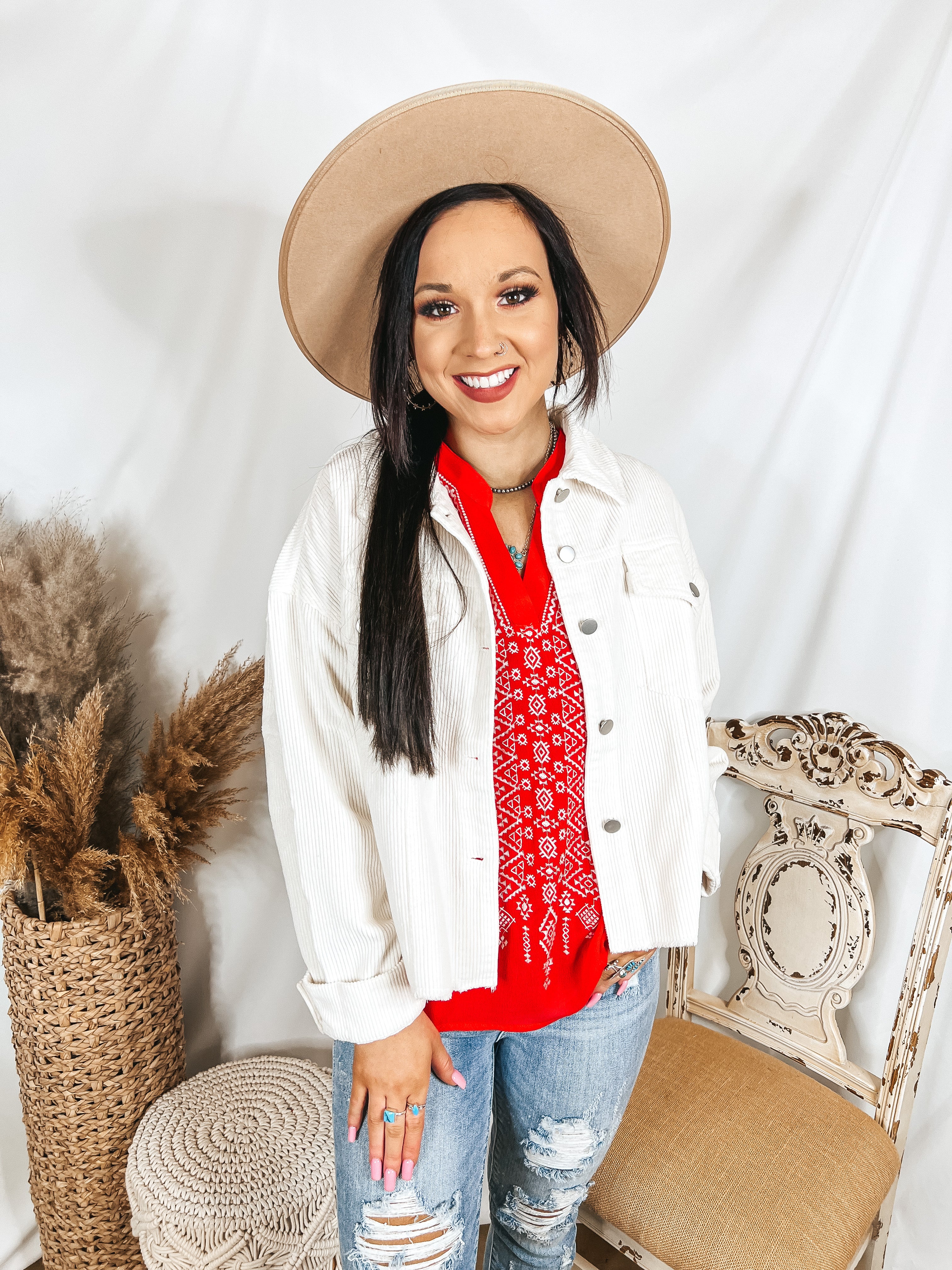 Edgy and Chic Button Up Corduroy Jacket with Raw Hem in Ivory - Giddy Up Glamour Boutique