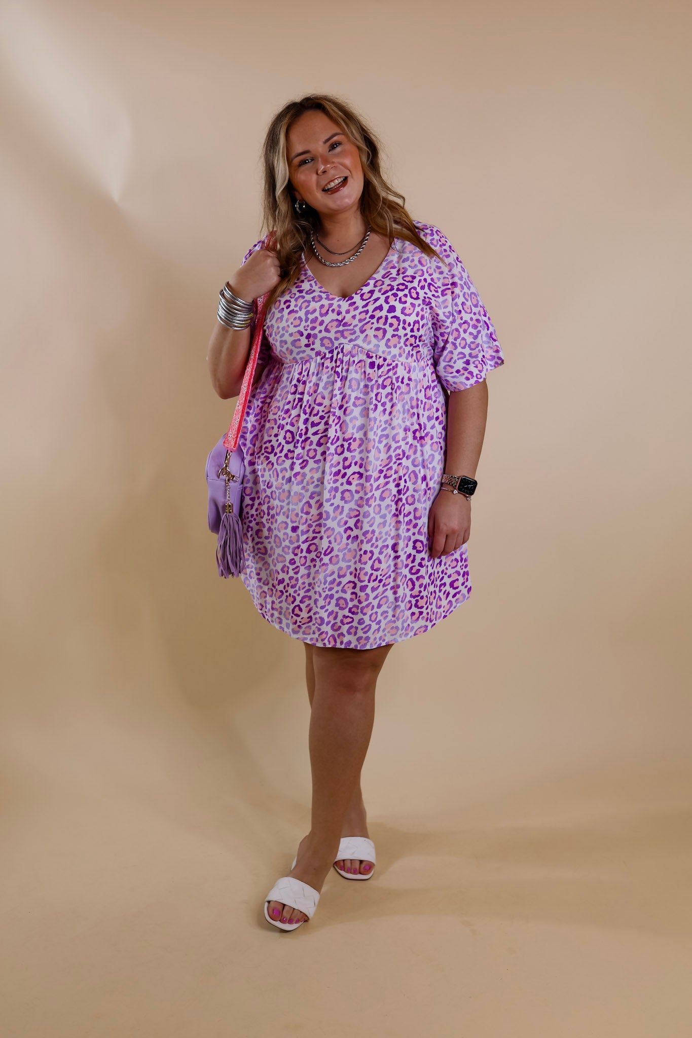 Fresh Blossoms Leopard Print Babydoll Dress with V Neck in Purple - Giddy Up Glamour Boutique