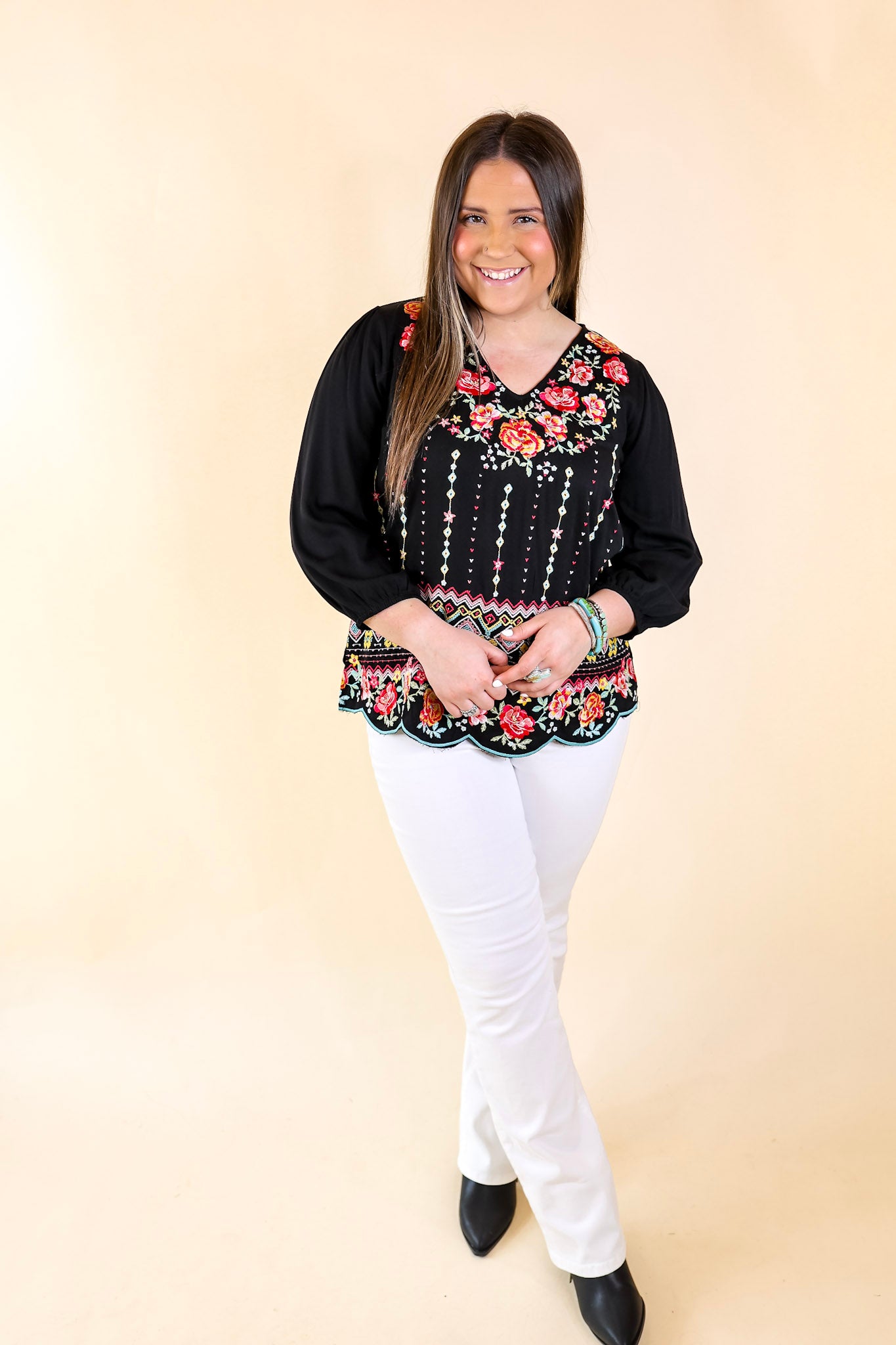 Early Bird Embroidered Front 3/4 Sleeve Top with V Neck in Black - Giddy Up Glamour Boutique