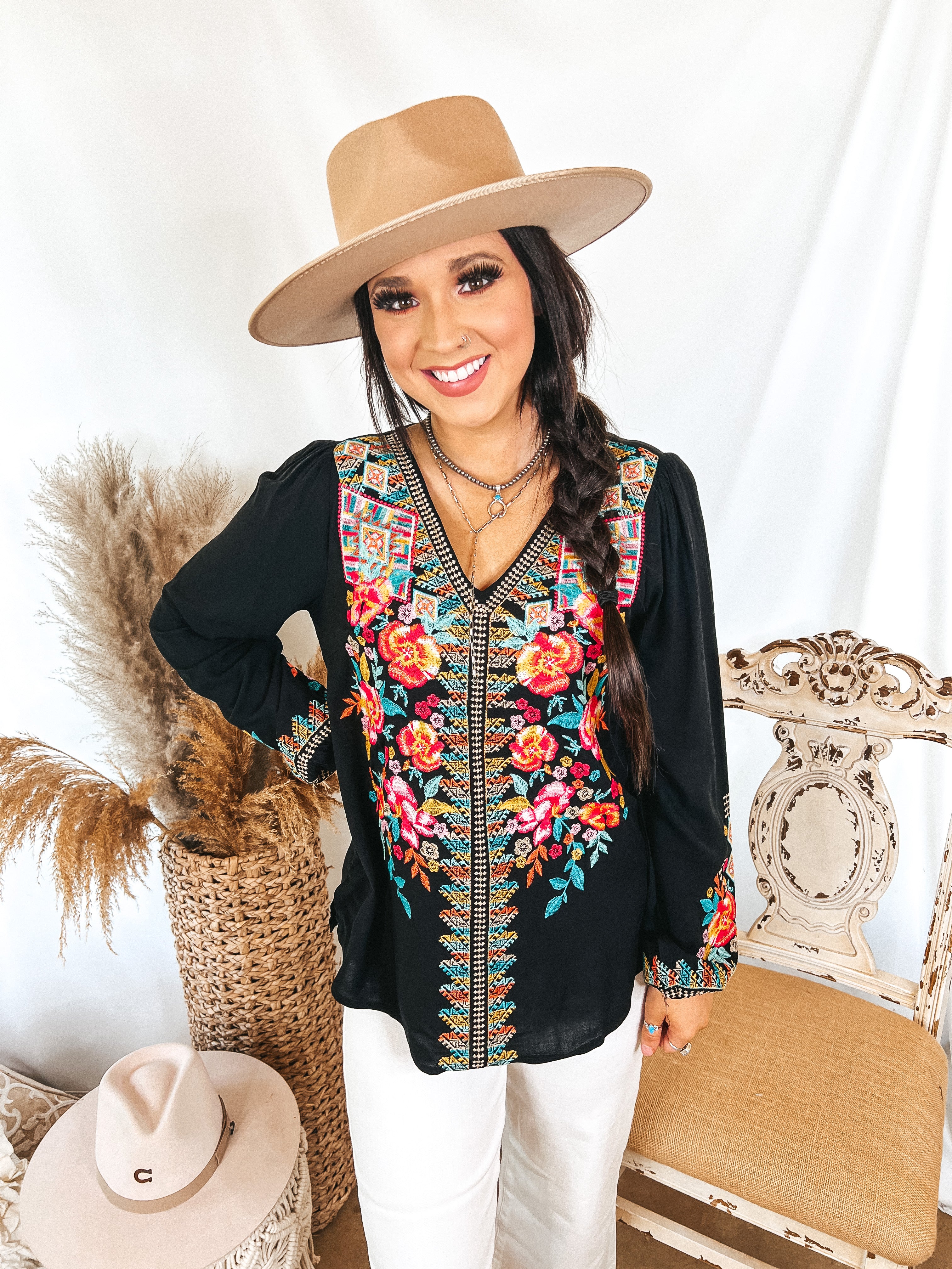 Brunch With Me Long Sleeve Embroidered Top with V Neckline in Black - Giddy Up Glamour Boutique