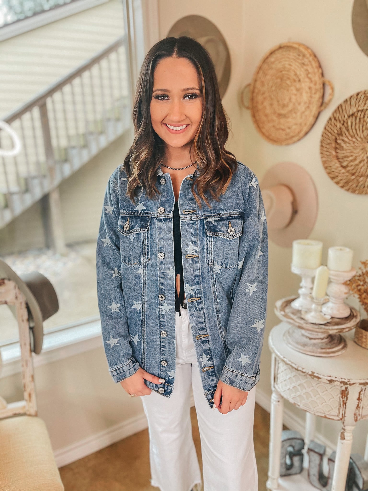 Star Sign Button Up Denim Jacket with Stars in Medium Wash - Giddy Up Glamour Boutique