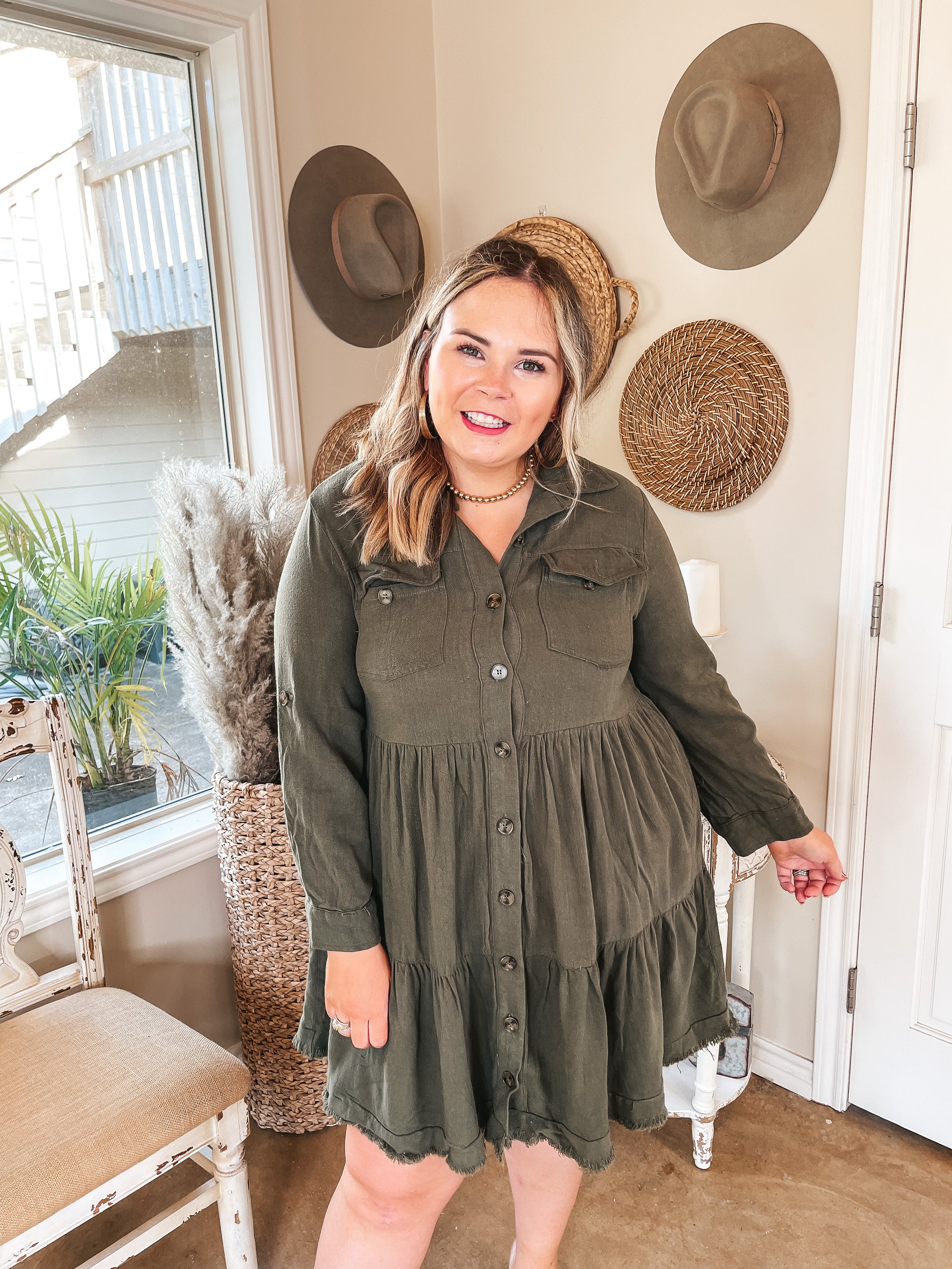 Chic Darling Ruffle Tiered Button Up Dress with Long Sleeves in Olive Green - Giddy Up Glamour Boutique