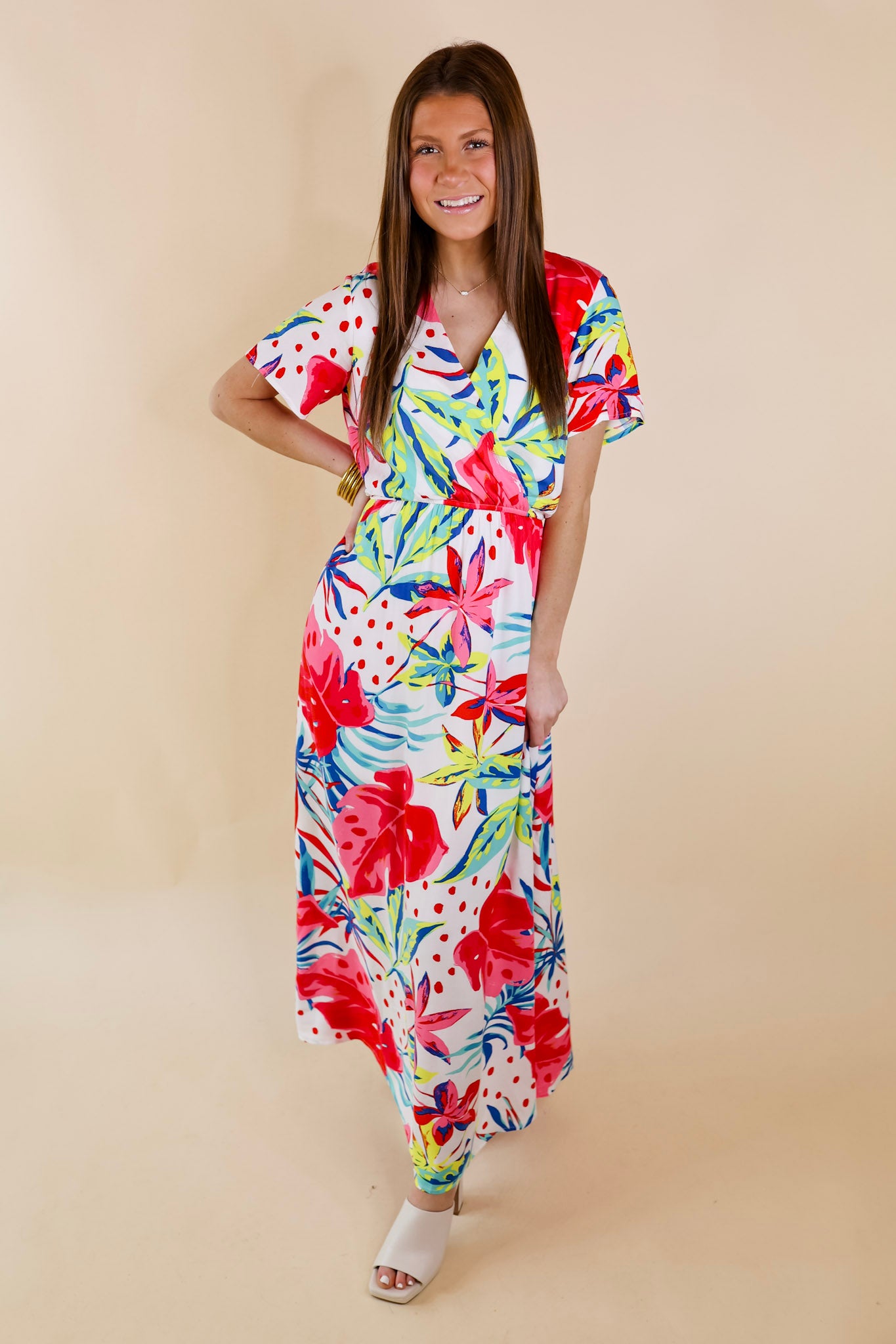 Delightful Dip Tropical Floral Maxi Dress with Waist Tie in White - Giddy Up Glamour Boutique