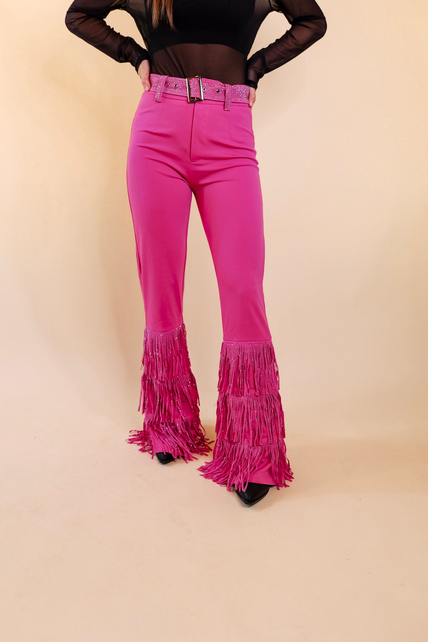 Cowboy Killer Crystal Fringe Bell Bottom Pants in Pink - Giddy Up Glamour Boutique